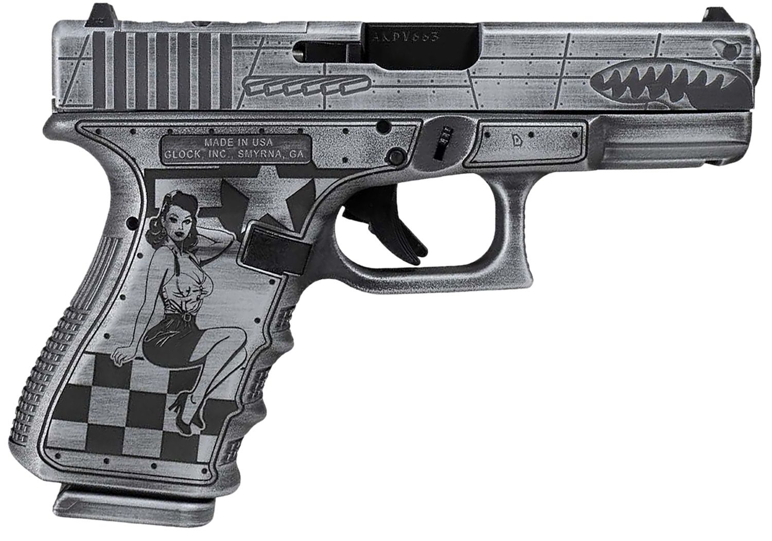 Glock G19 Gen 5 P-51 Mustang Pistol UA195S204NP51M, 9mm Luger, 4.02in, Distressed Gray Textured w/Pin-up Girl, Bomber Engraved Distressed Gray Cerakote Finish, 15 Rds