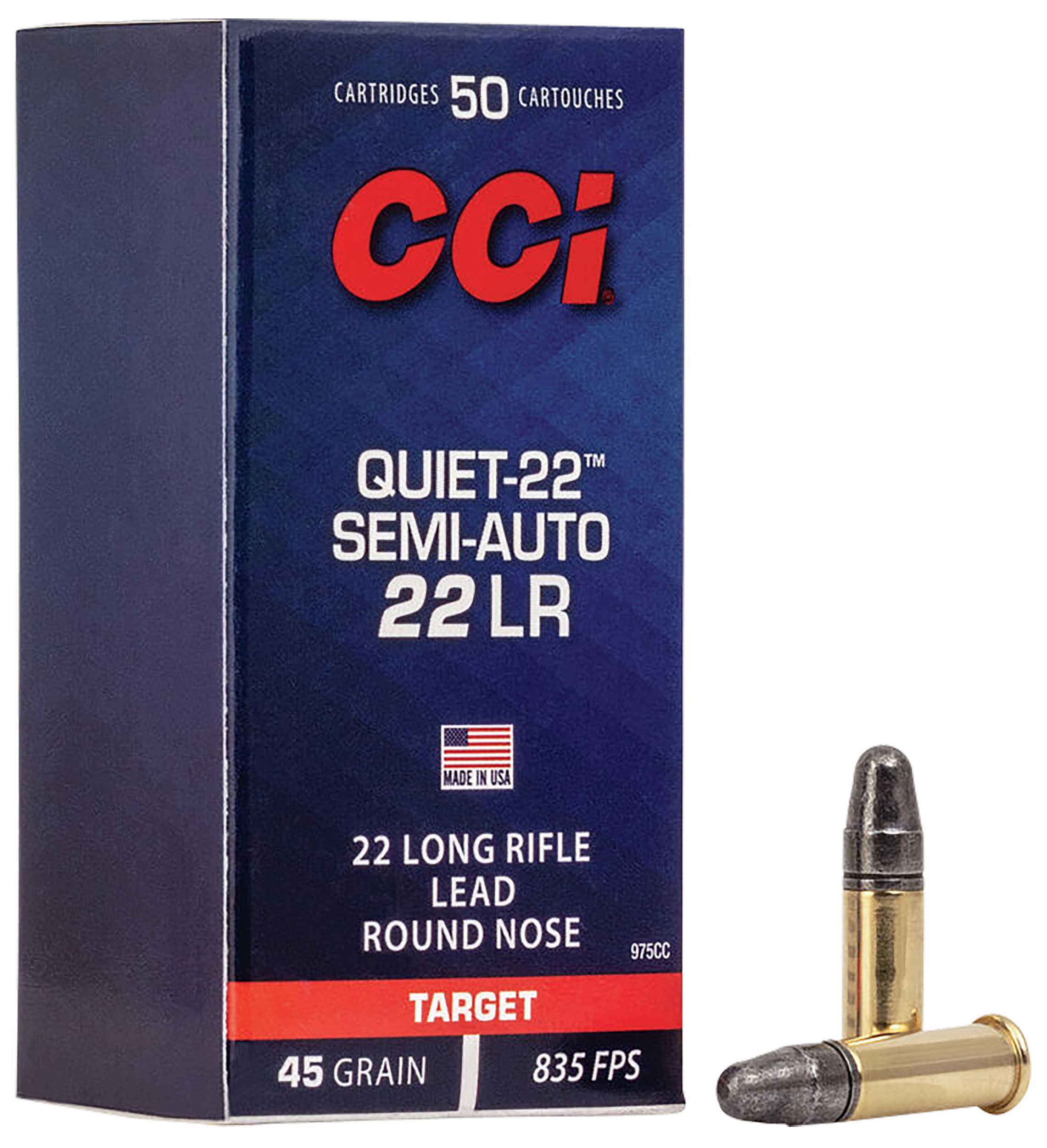 CCI Quiet-22 Semi-Auto Rimfire Ammunition 975CC, 22 Long Rifle, Lead  Round Nose (RN), 45 GR, 835 fps, 50 Rd/bx