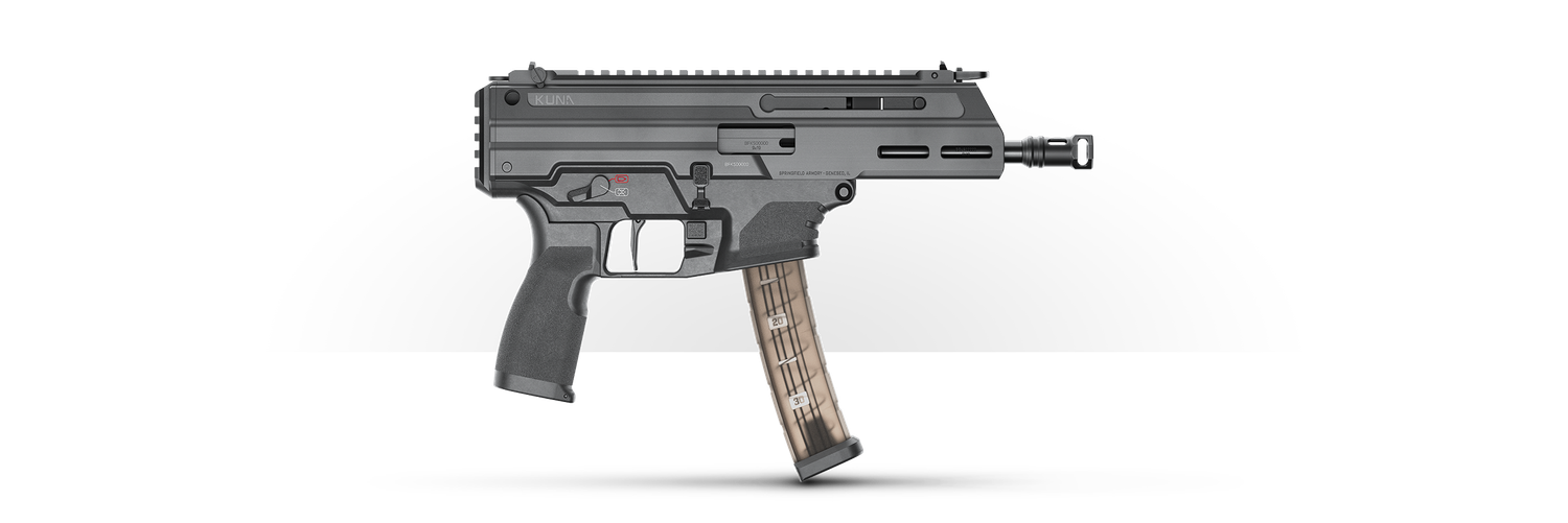 Springfield Armory Kuna Pistol PDW KN9069B, 9mm, 6.12" Threaded, Hybrid Flip-up Sights, Polymer Grips, Black Melonite Finish, Ambidextrous, 30+1