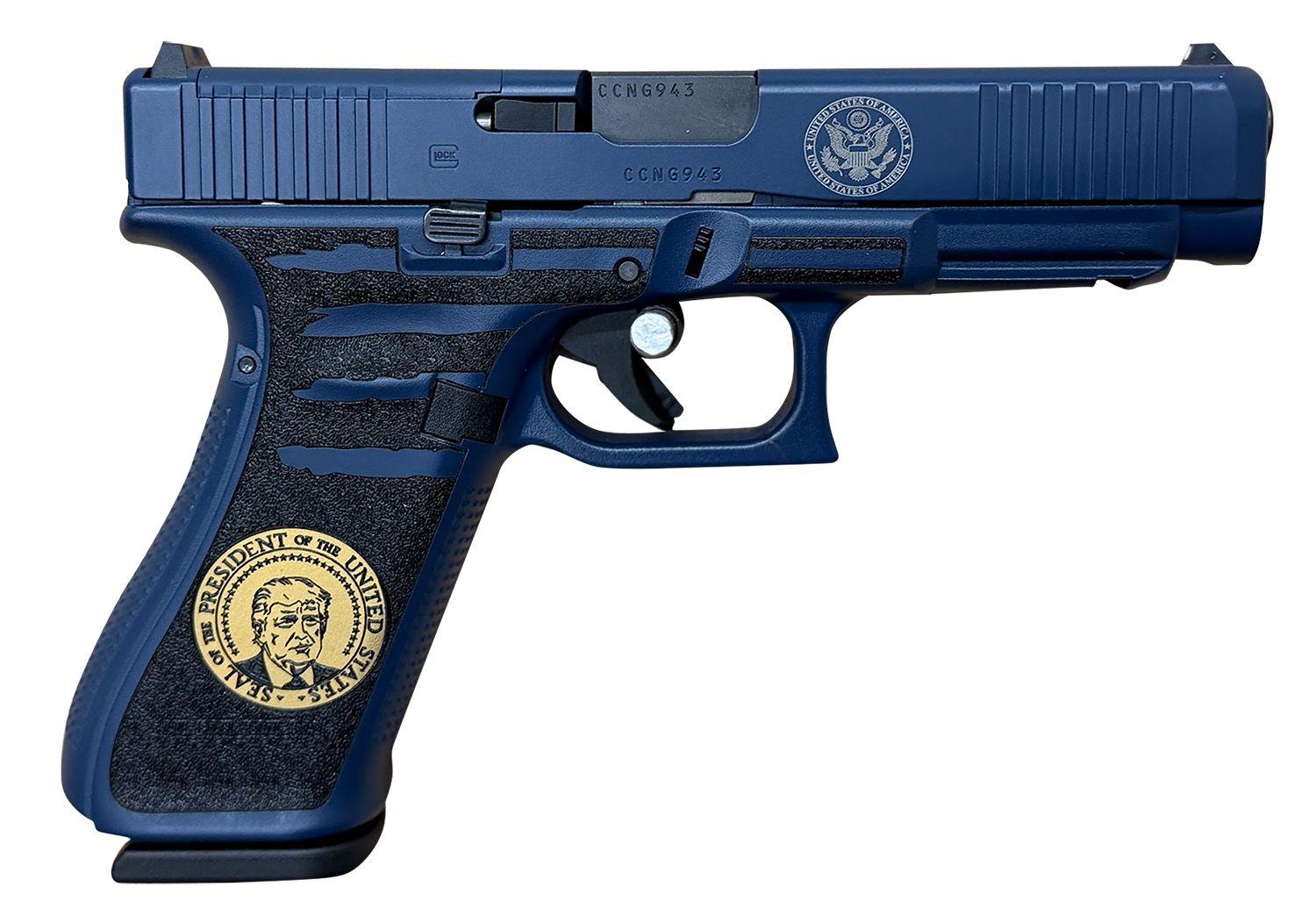 Glock G47 Gen5 MOS Trump Pistol PA475S204MOSPRESBLU, 9mm Luger, 4.49in, Black/Gold Trump, Presidential Blue Finish, 17 Rds