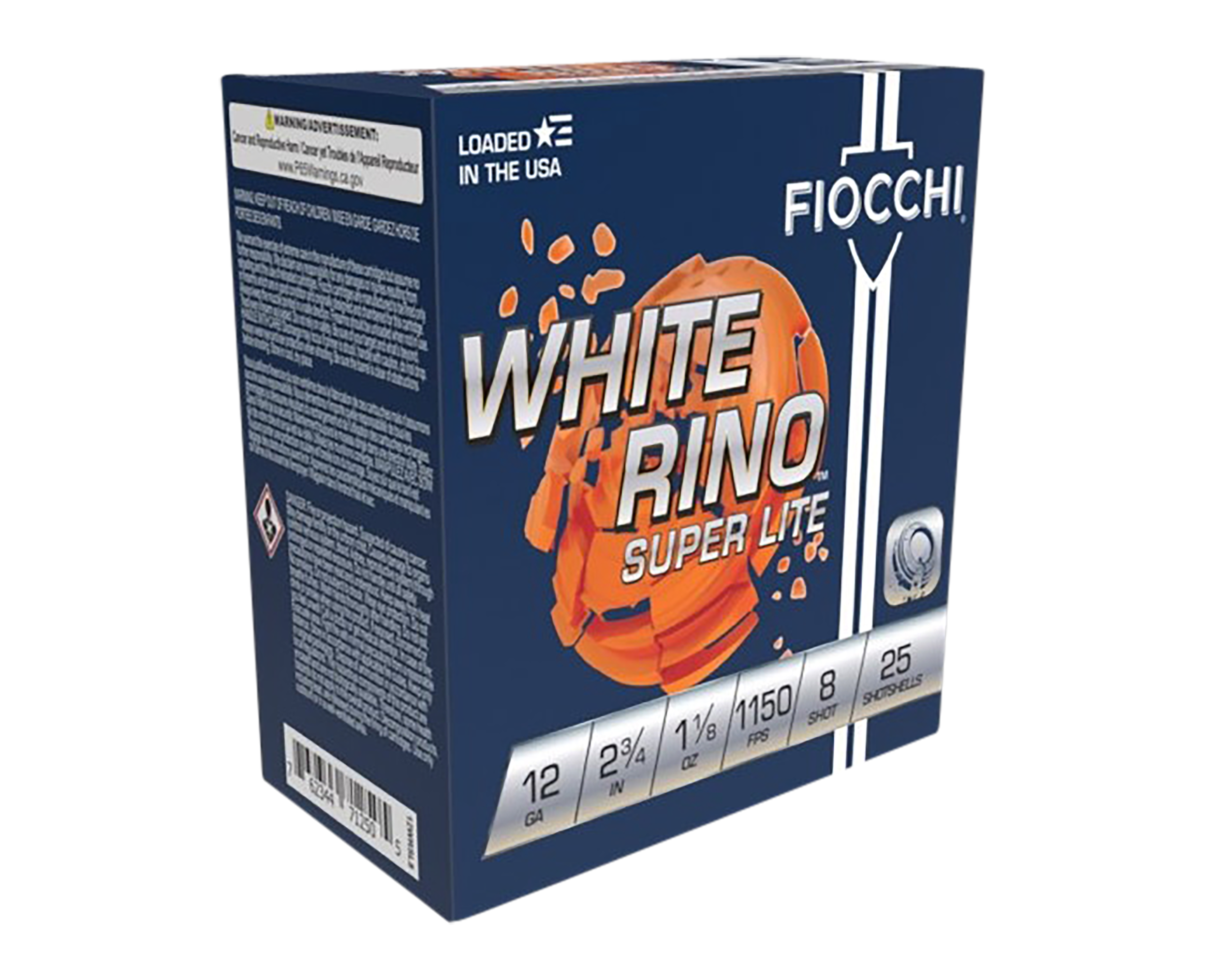 Fiocchi White Rino Super Lite Shotshells 12WRSL8, 12 Gauge, 2-3/4", 1-1/8 oz, 1150 fps, #8 Lead Shot, 25 Rd/bx
