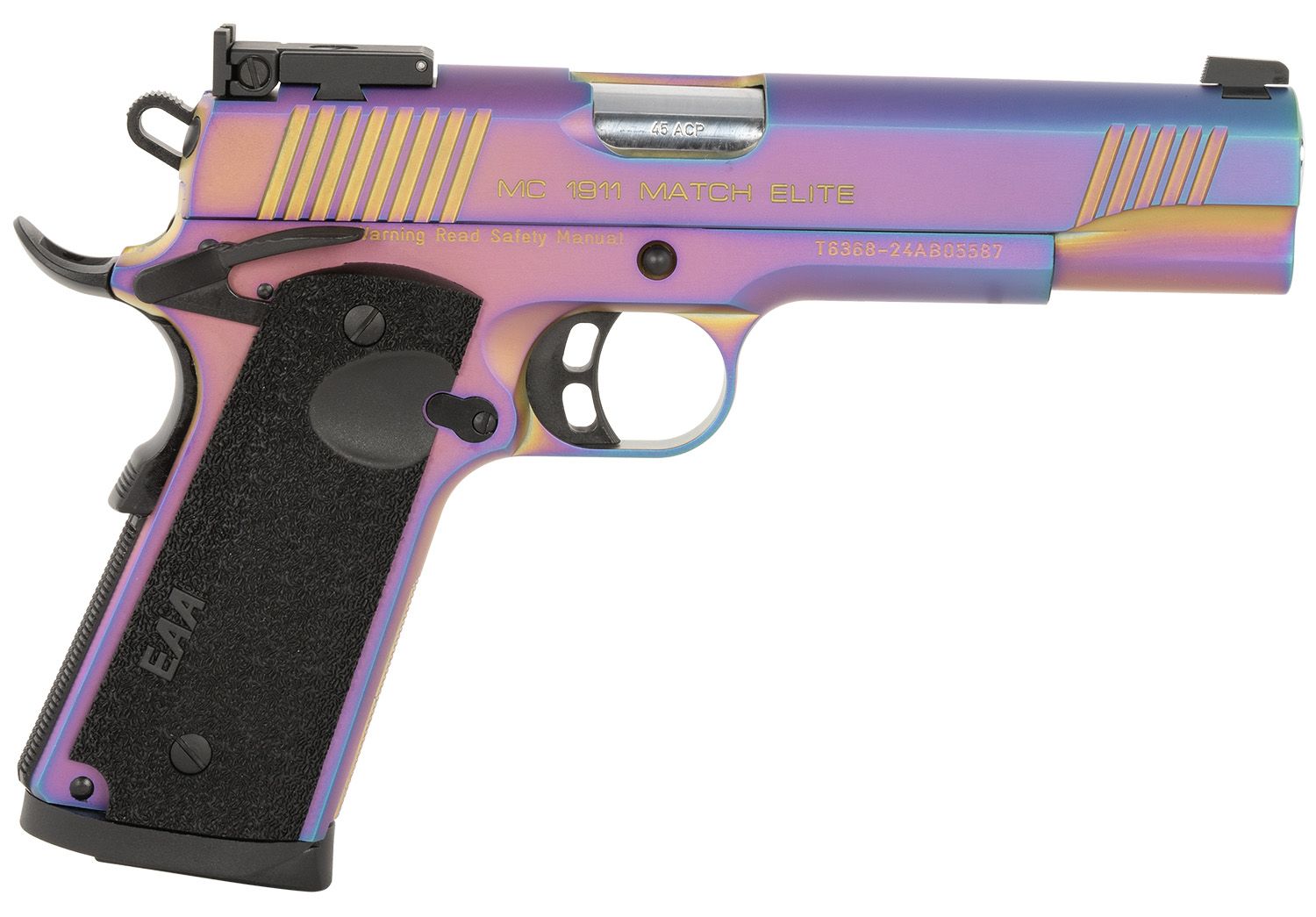 EAA MC1911 Pistol 391091, 45 ACP, 5in, Black Textured Grips, Multi Color PVD Coating Finish, 8 Rds
