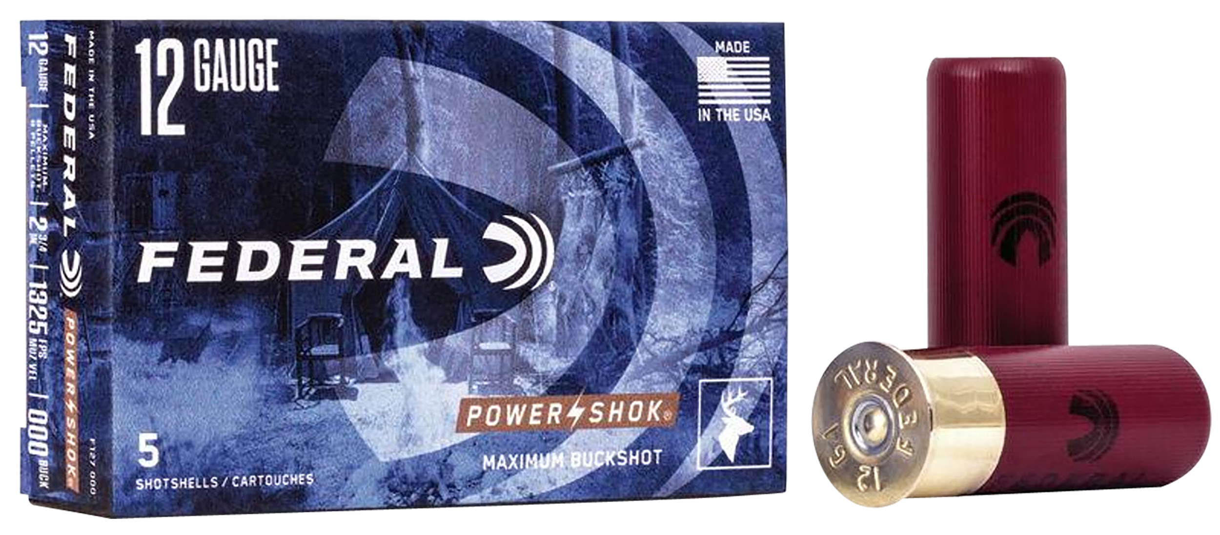 Federal Premium Power Shok F127000, 12 Gauge, 2-3/4", 8 Pellets, 1325 fps, #000 Lead Buckshot, 5 Rd/bx