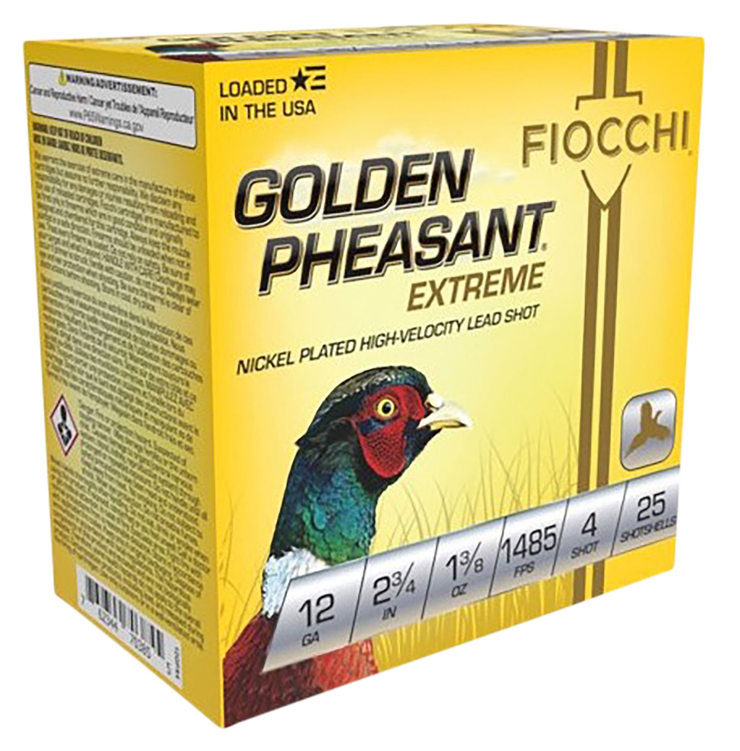 Fiocchi Golden Pheasant 12GPX4, 12 Gauge, 2-3/4", 1-3/8 oz, 1485 fps, #4 Nickel-Plated Lead Shot, 25 Rds/Bx