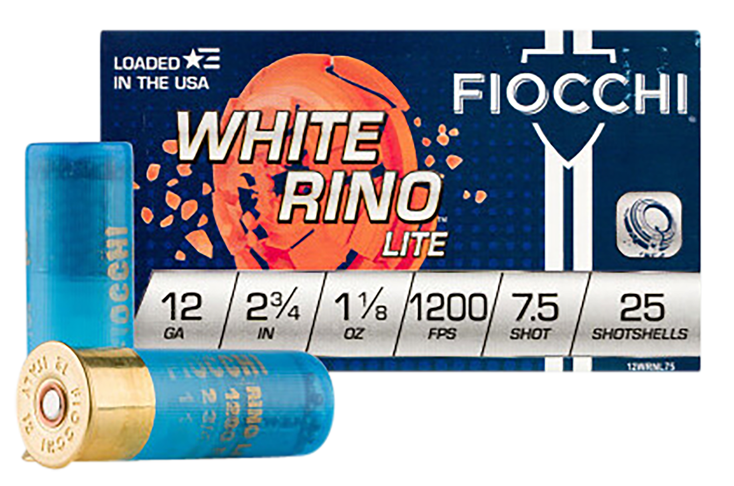 Fiocchi White Rino Lite Shotshells 12WRNL75, 12 Gauge, 2-3/4", 1-1/8 oz, 1200 fps, #7.5 Lead Shot, 25 Rd/bx