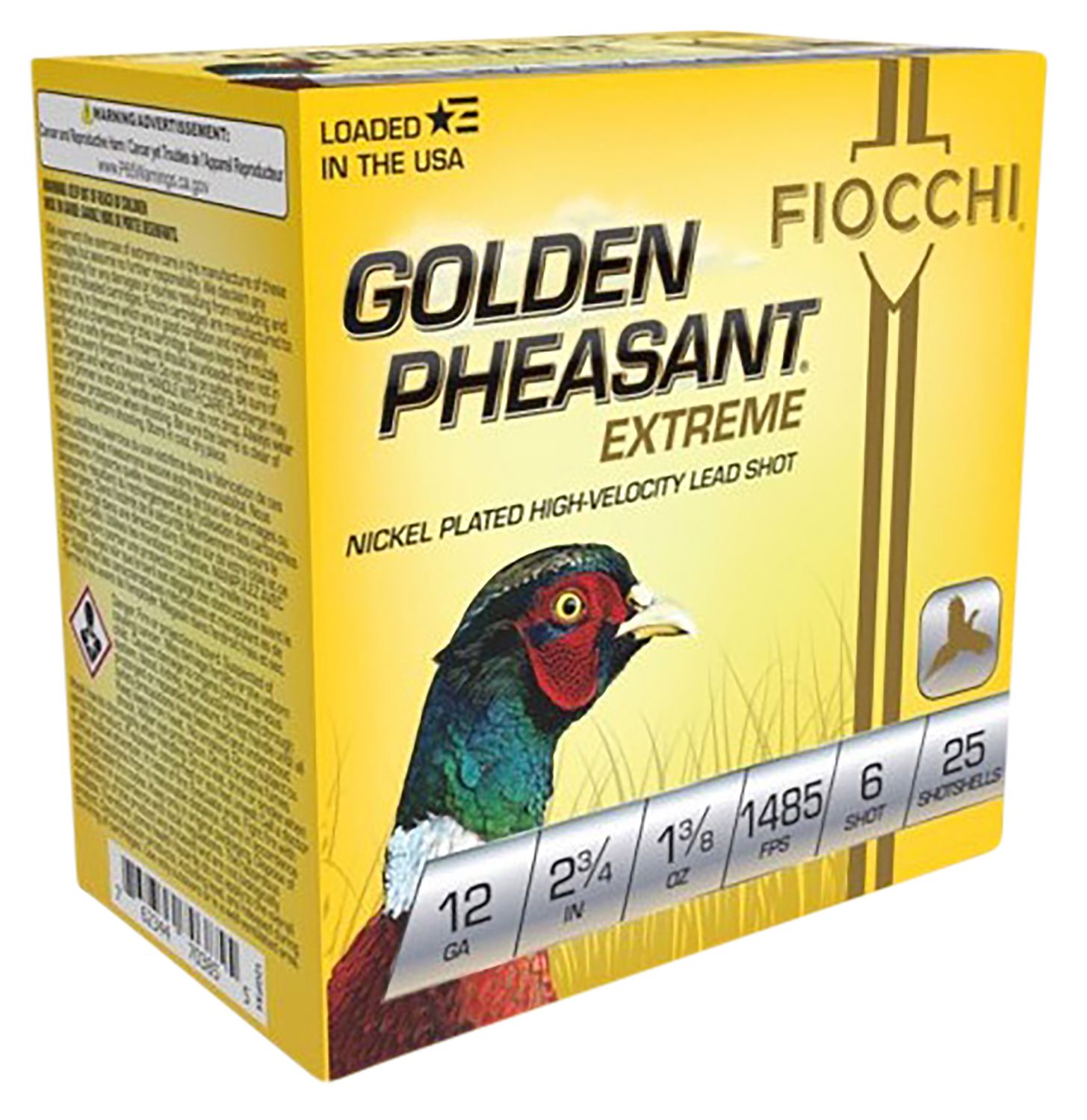 Fiocchi Golden Pheasant 12GPX6, 12 Gauge, 2-3/4", 1-3/8 oz, 1485 fps, #6 Nickel-Plated Lead Shot, 25 Rds/Bx