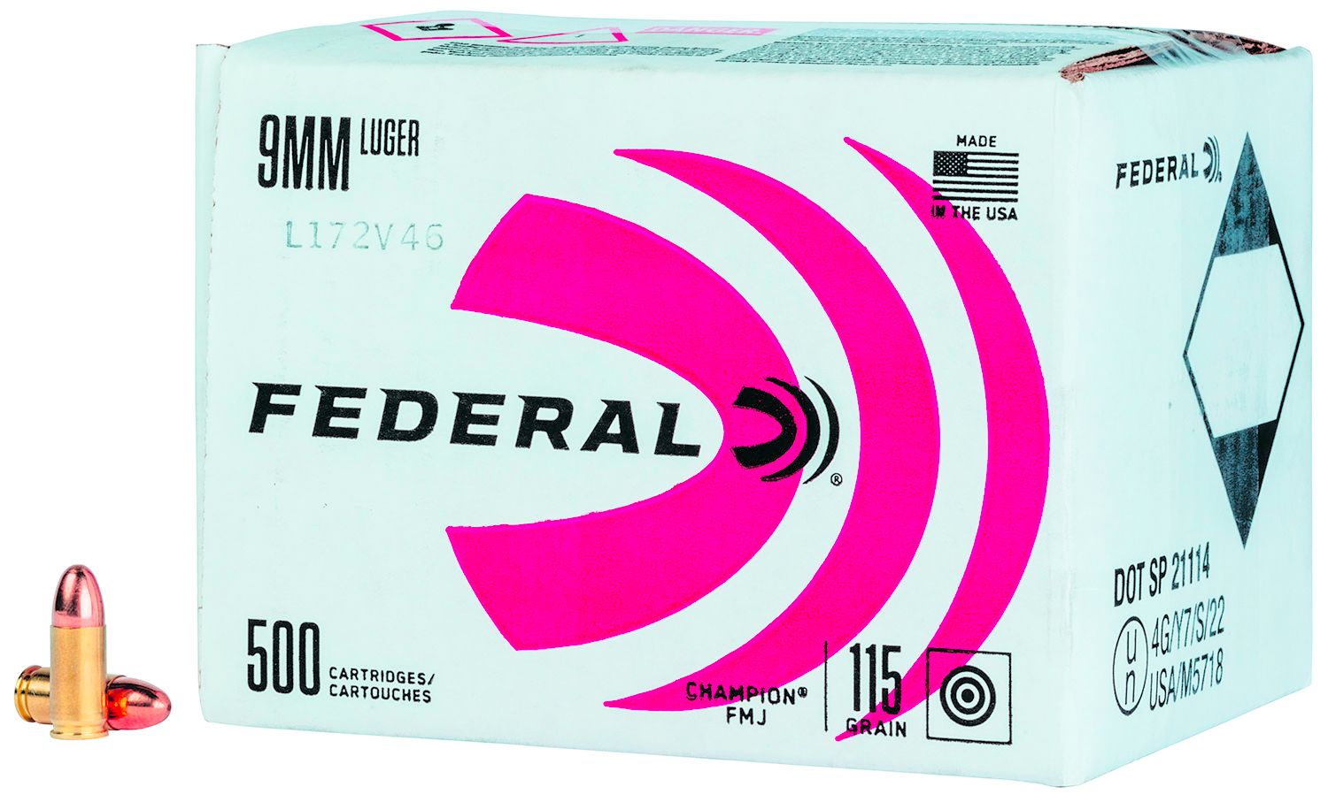 Federal Cartridge Champion Training Pistol Ammunition C9115A500, 9mm, Full Metal Jacket (FMJ), 115  GR, 1125  fps, 500 Rd/bx