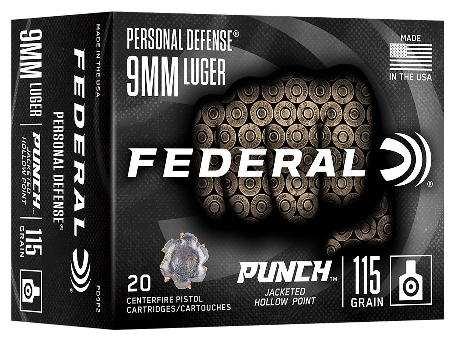 Federal Premium Punch Pistol Ammunition PD9P2, 9mm, JHP, 115 GR