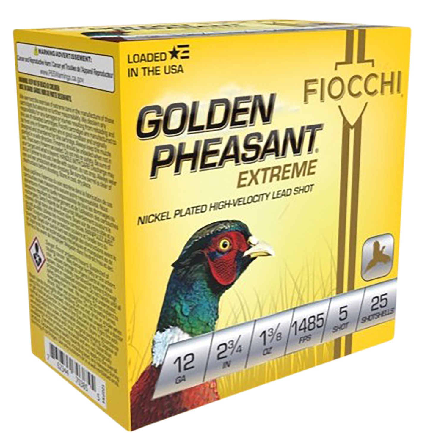 Fiocchi Golden Pheasant 12GPX5, 12 Gauge, 2-3/4", 1-3/8 oz, 1485 fps, #5 Nickel-Plated Lead Shot, 25 Rds/Bx