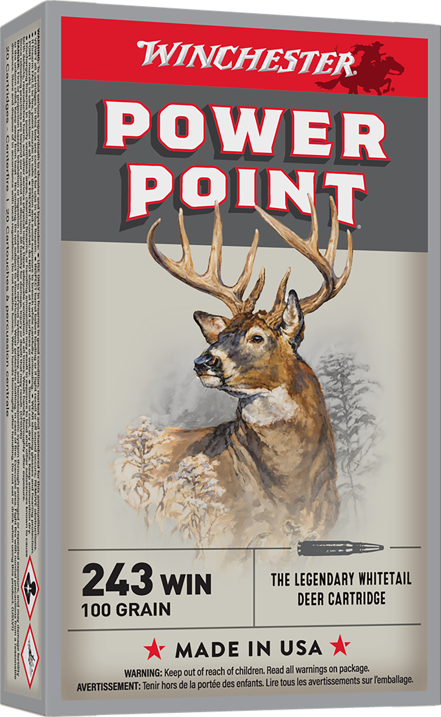 Winchester Super-X Rifle Ammunition X2432, 243 Winchester, Power-Point, 100 GR, 2960 fps, 20 Rd/bx