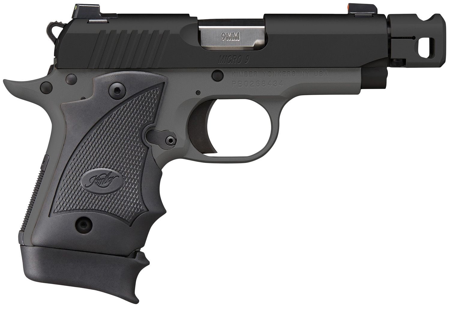 Kimber Micro 9 Compensator Pistol 3300246, 9mm Luger, 3.65in, nc 3300246 Micro 9 MC TP 9mm 7+1 3.65" KimPro Black Stainless Steel Slide KimPro Gray Black Hogue Rubber Wraparound Grips, KimPro Gray Fin