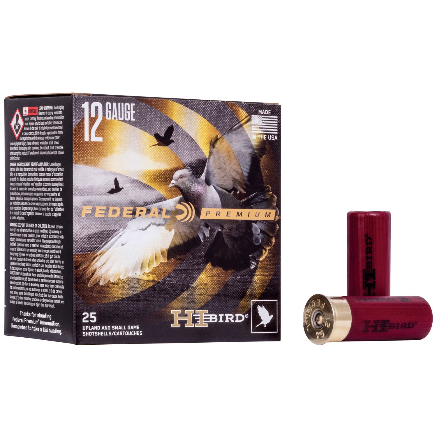 Federal Hi-Bird Game Load Shotshells HVF128, 12 Gauge, 2-3/4", 1-1/8 oz, 1275 fps, #8 Lead Shot, 25 Rds/Bx