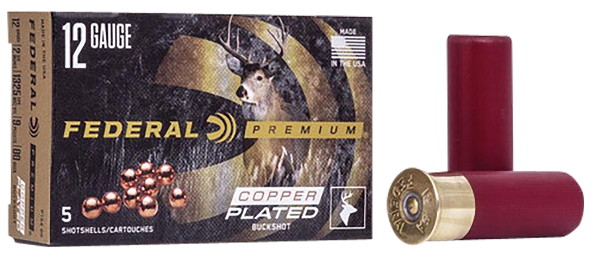 Federal Premium Vital-Shok P154, 12 Gauge, 2-3/4", 9 Pellets, 1325 fps, #00 Copper Plated Lead Buckshot, 5 Rd/bx