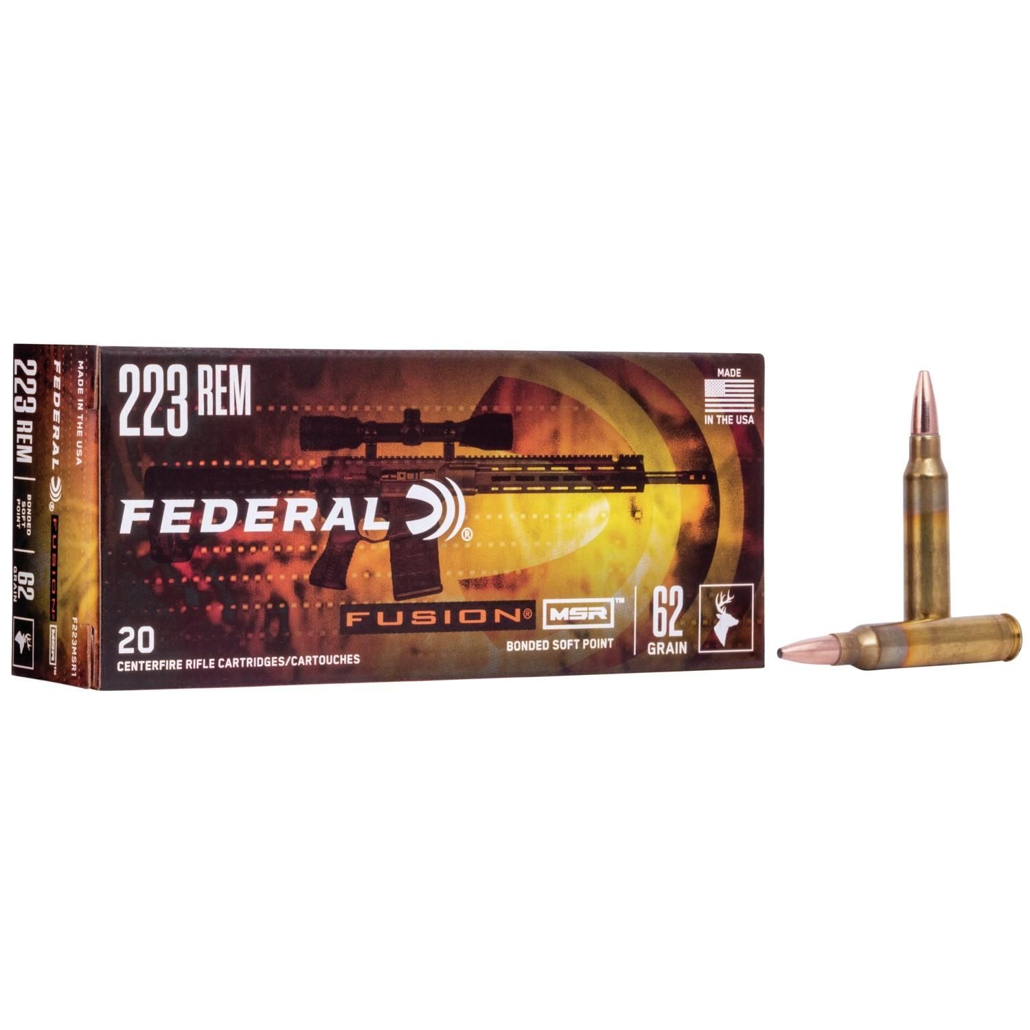 Federal Fusion Modern Sporting Rifle Ammunition F223MSR1, 223 Remington, Spitzer Boat-Tail, 62 GR, 20 Rd/bx