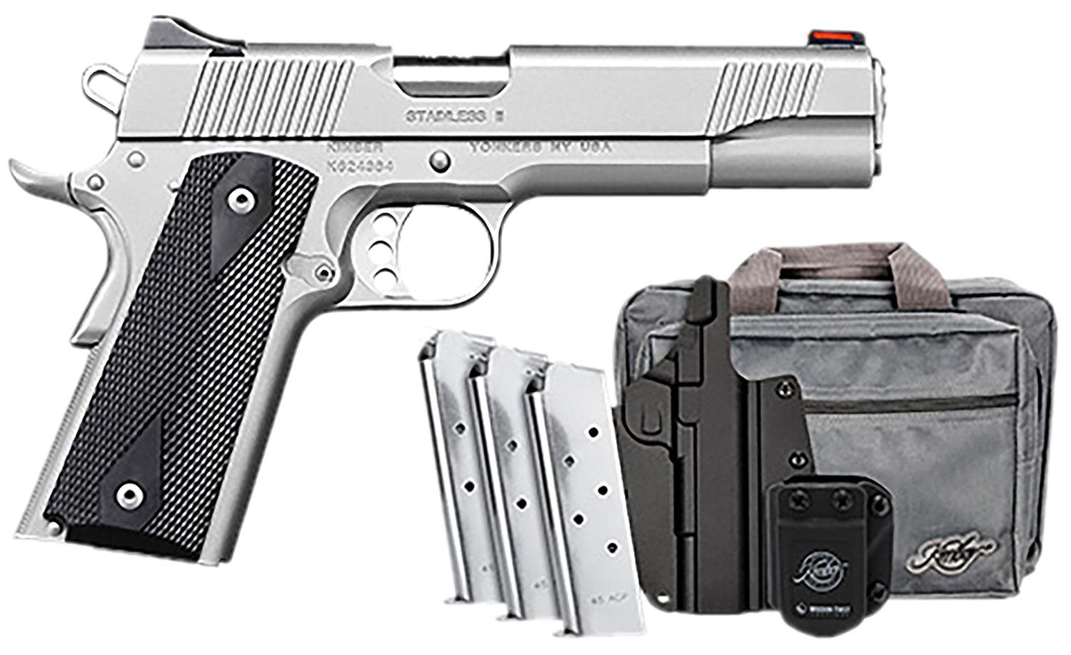 Kimber Stainless II Club Bundle Pistol 3200007CAB, 45 ACP, 5in, nc 3200007 Stainless II Club Bundle 45ACP 7+1 5" Satin Silver Front Serrations Stainless Steel Slide Black Synthetic Grips, Satin Silver