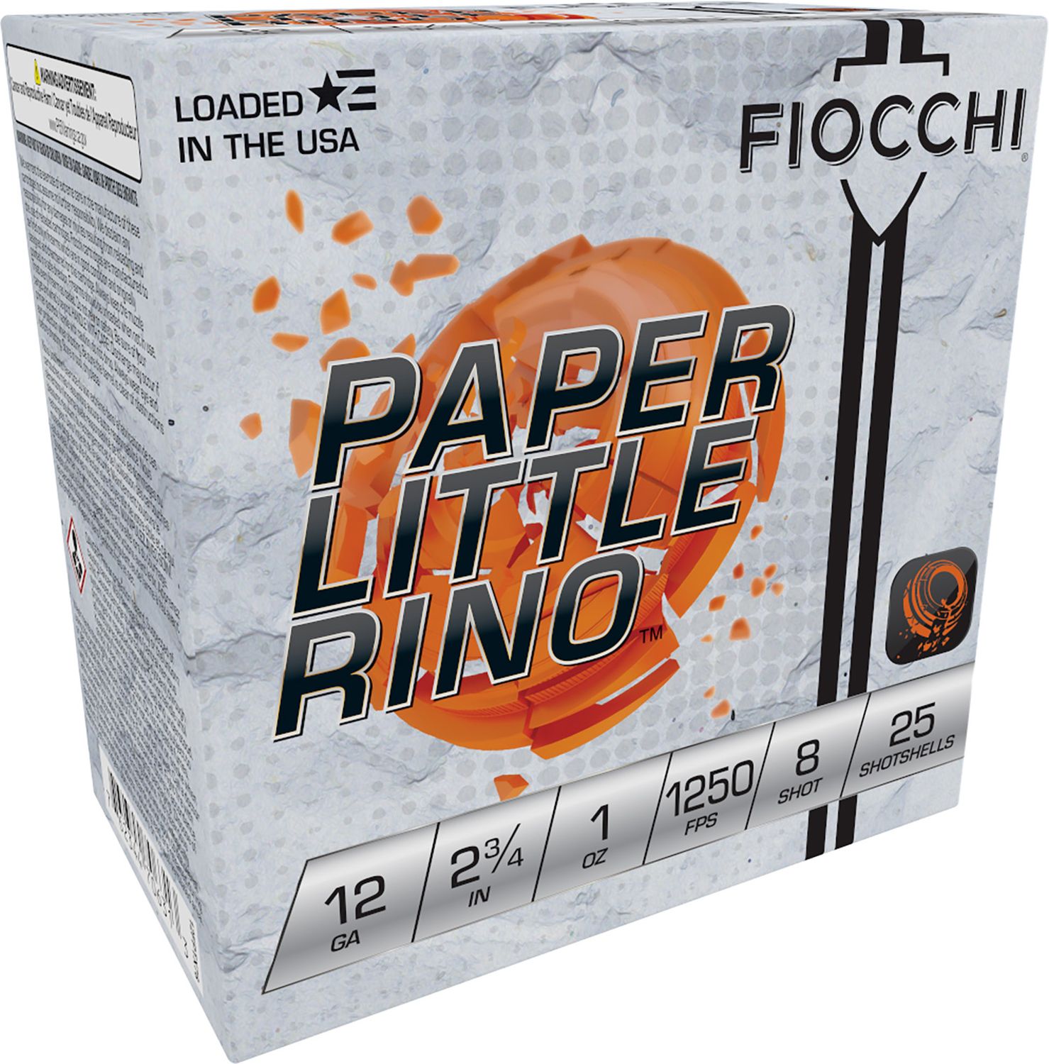 Fiocchi Paper Little Rino Shotgun Shells 12FPTX8, 12 Gauge, 2.75 in, 1 oz, 1250 fps, #8 Lead Shot, 25 Rds/bx