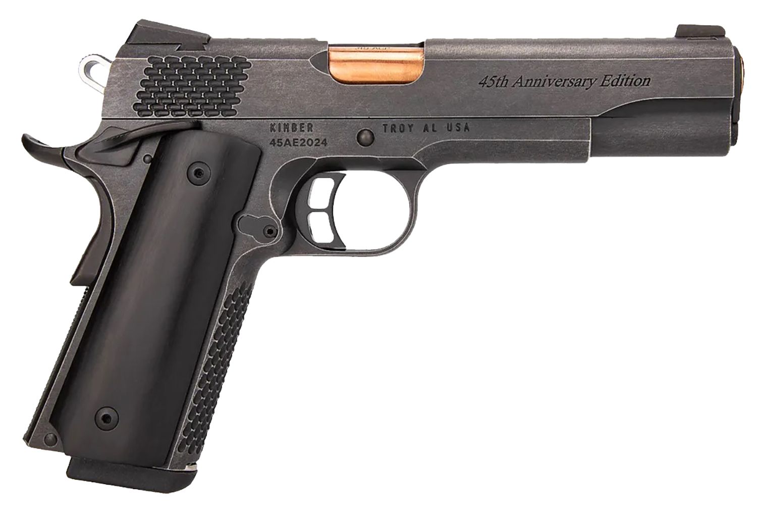 Kimber Limited Edition 45th Anniversary Pistol 3700841, 45 ACP, 5in, nc 3700841 45th Anniversary Limited Edition Full Size Frame 45 ACP 8+1 5" Titanium Nitride Distressed Cerakote Distressed Cerakote