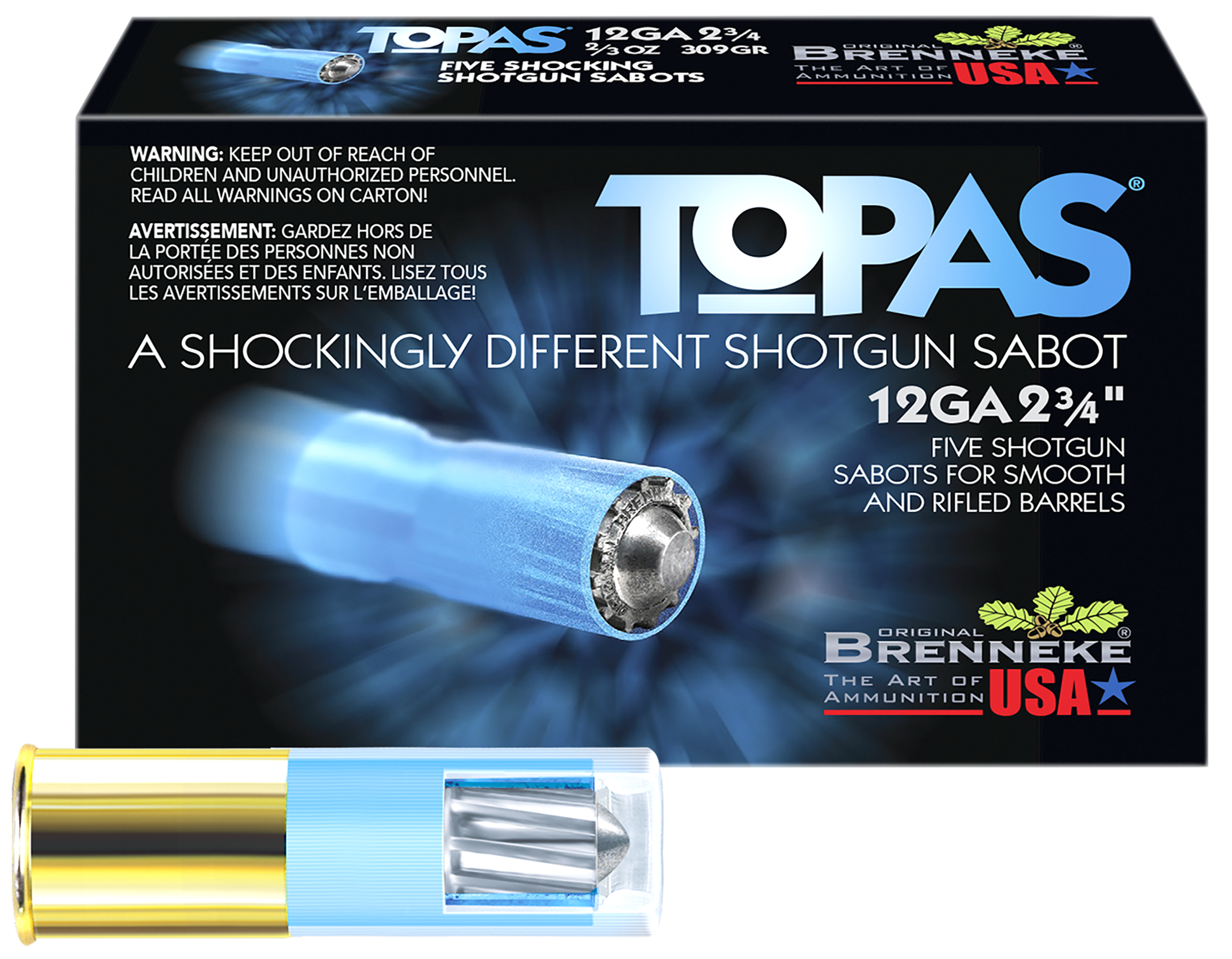 Brenneke TOPAS Shotshells SL122TOP, 12 Gauge, 2-3/4", 2/3 oz, 1673 fps, Sabot Slug, 5 Rds/box