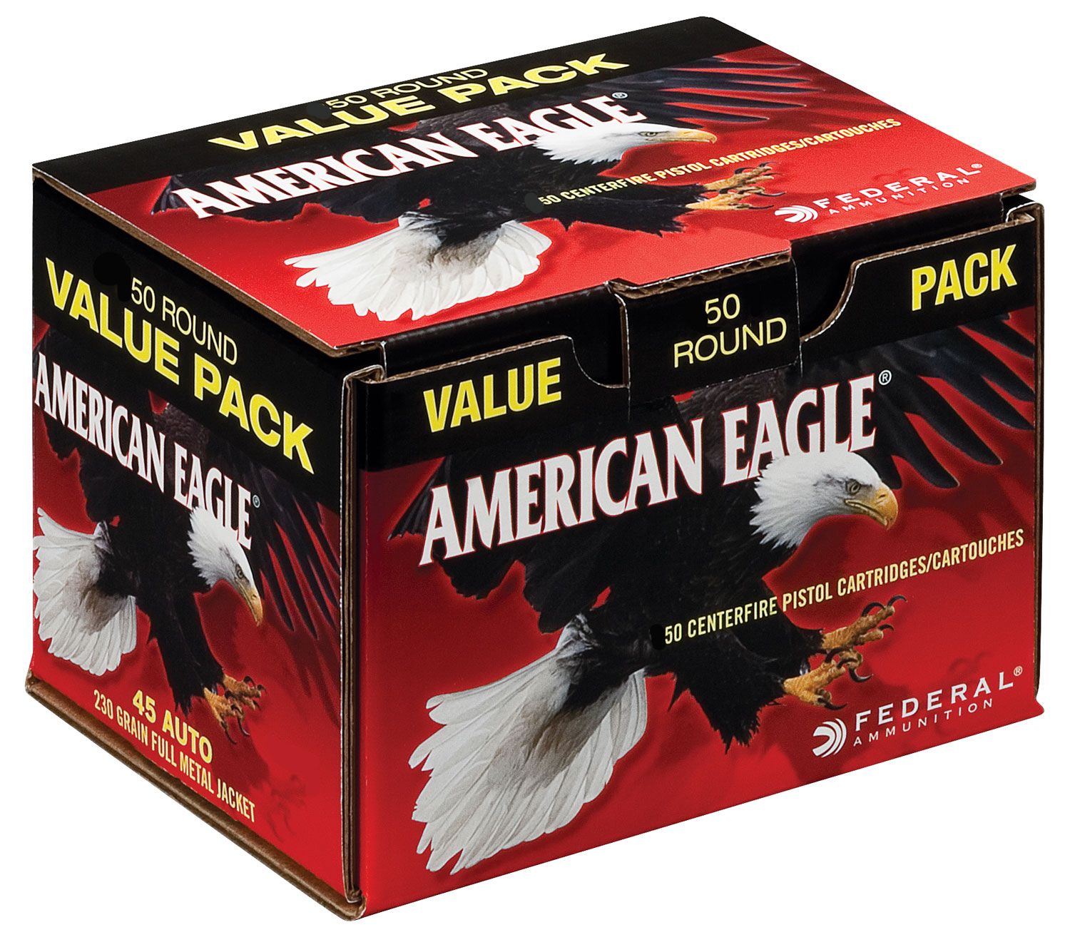 Federal Cartridge American Eagle Handgun Pistol Ammunition AE45A50, 45 ACP, Full Metal Jacket (FMJ), 230  GR, 890  fps, 50 Rd/bx