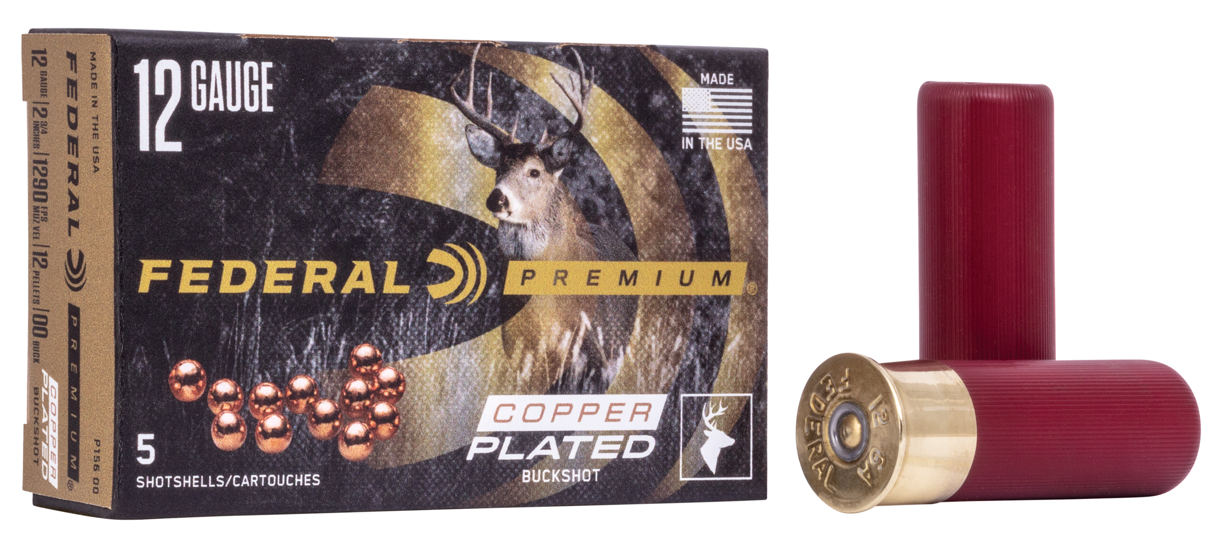 Federal Premium Vital-Shok P156, 12 Gauge, 2-3/4", 12 Pellets, 1290 fps, #00 Lead Buckshot, 5 Rd/bx