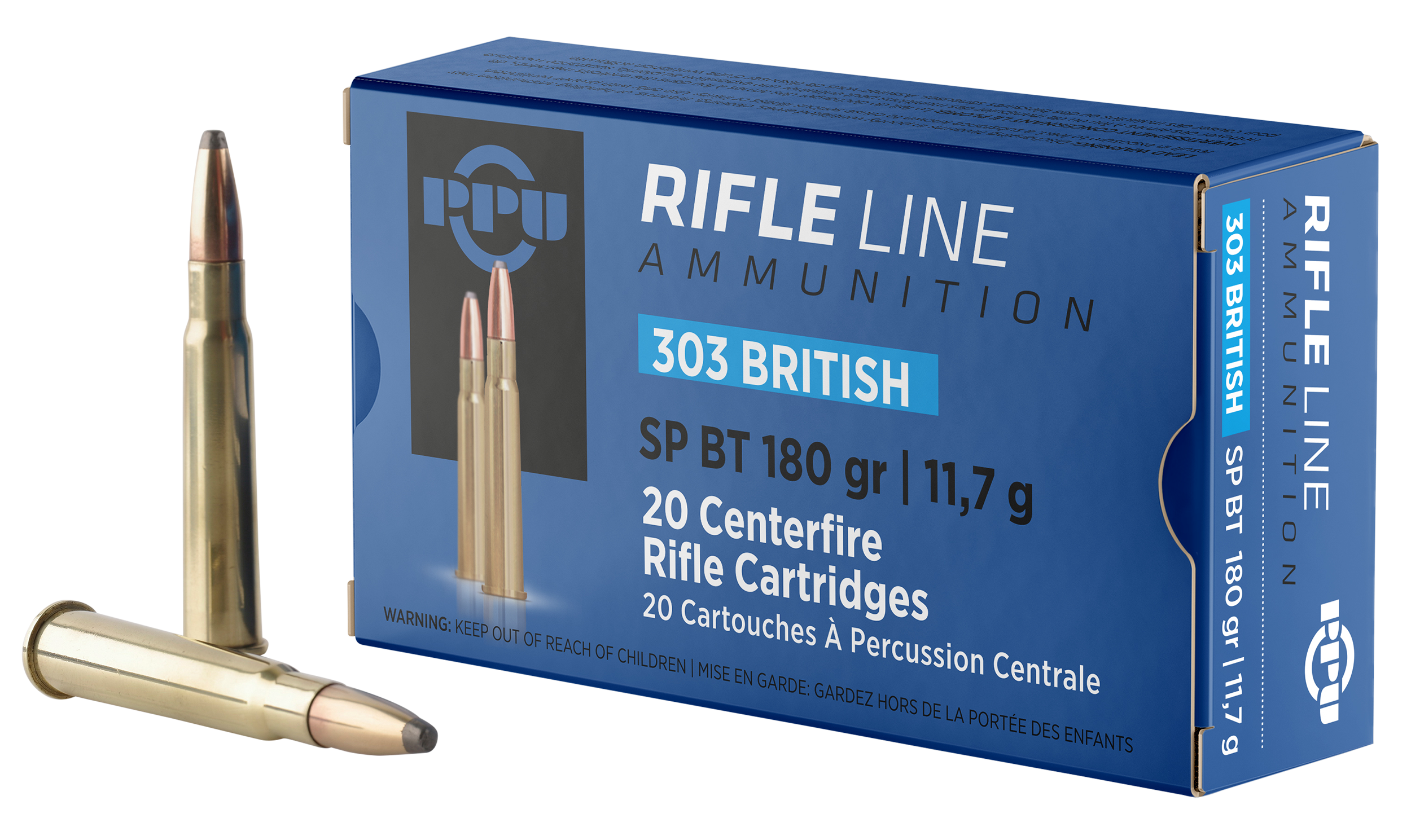 PPU Standard Rifle Ammunition PP303S2, 303 British, Soft Point Boat Tail, 180 GR, 2460 fps, 20 Rds/bx