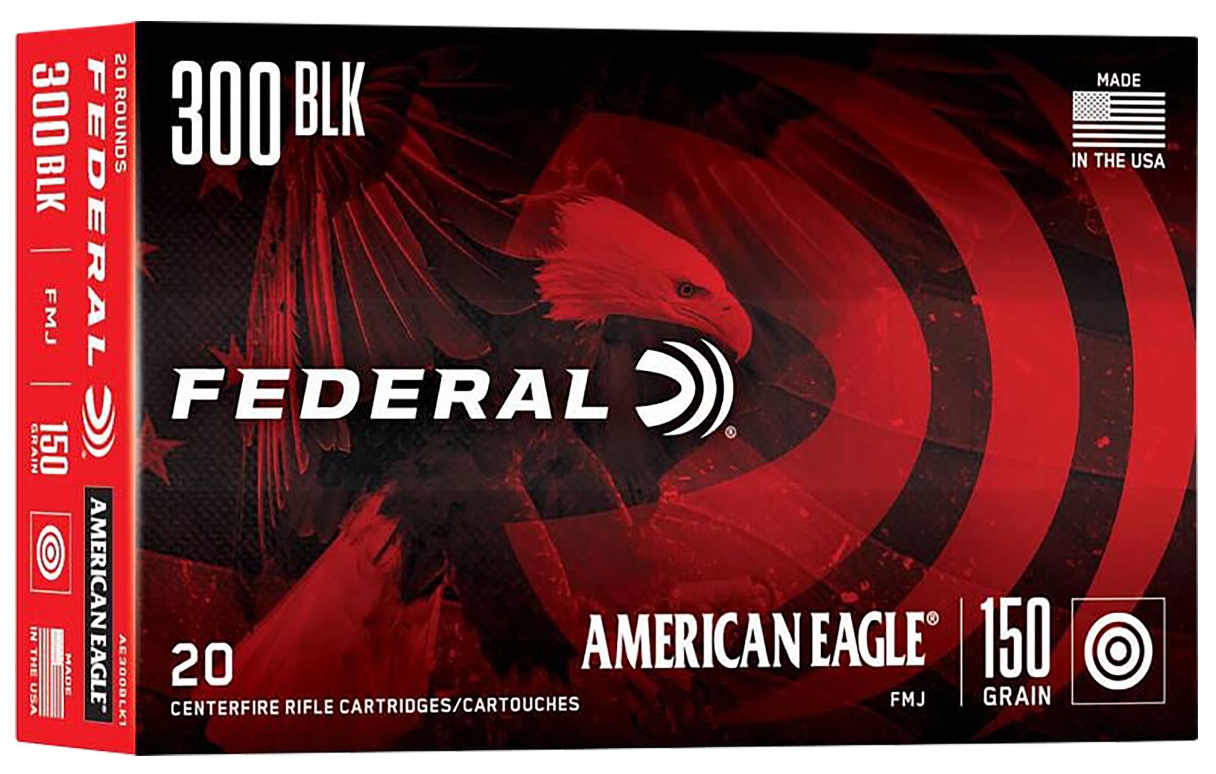 Federal American Eagle Rifle Ammunition AE300BLK1, 300 AAC Blackout, FMJ-BT, 150 GR, 20 Rd/bx