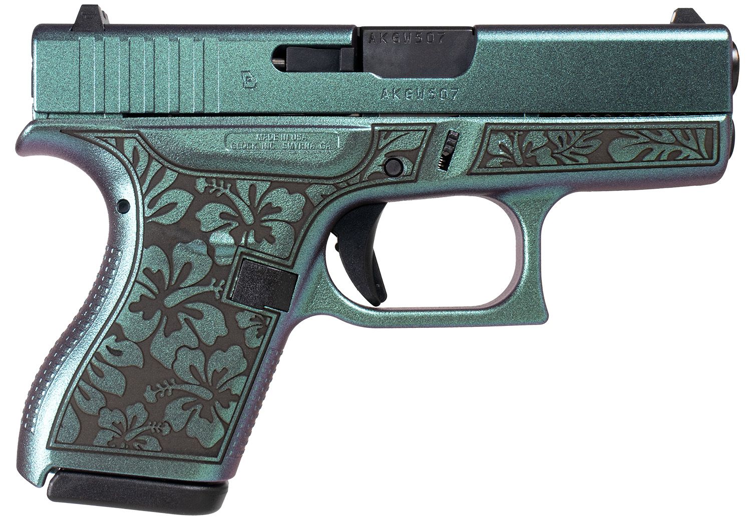 Glock G42 Gen3 Pistol UI4250204NHIBMAKO, 380 ACP, 3.25in, Textured Polymer, Mako Green Cerakote w/Hibiscus Finish, 6 Rds