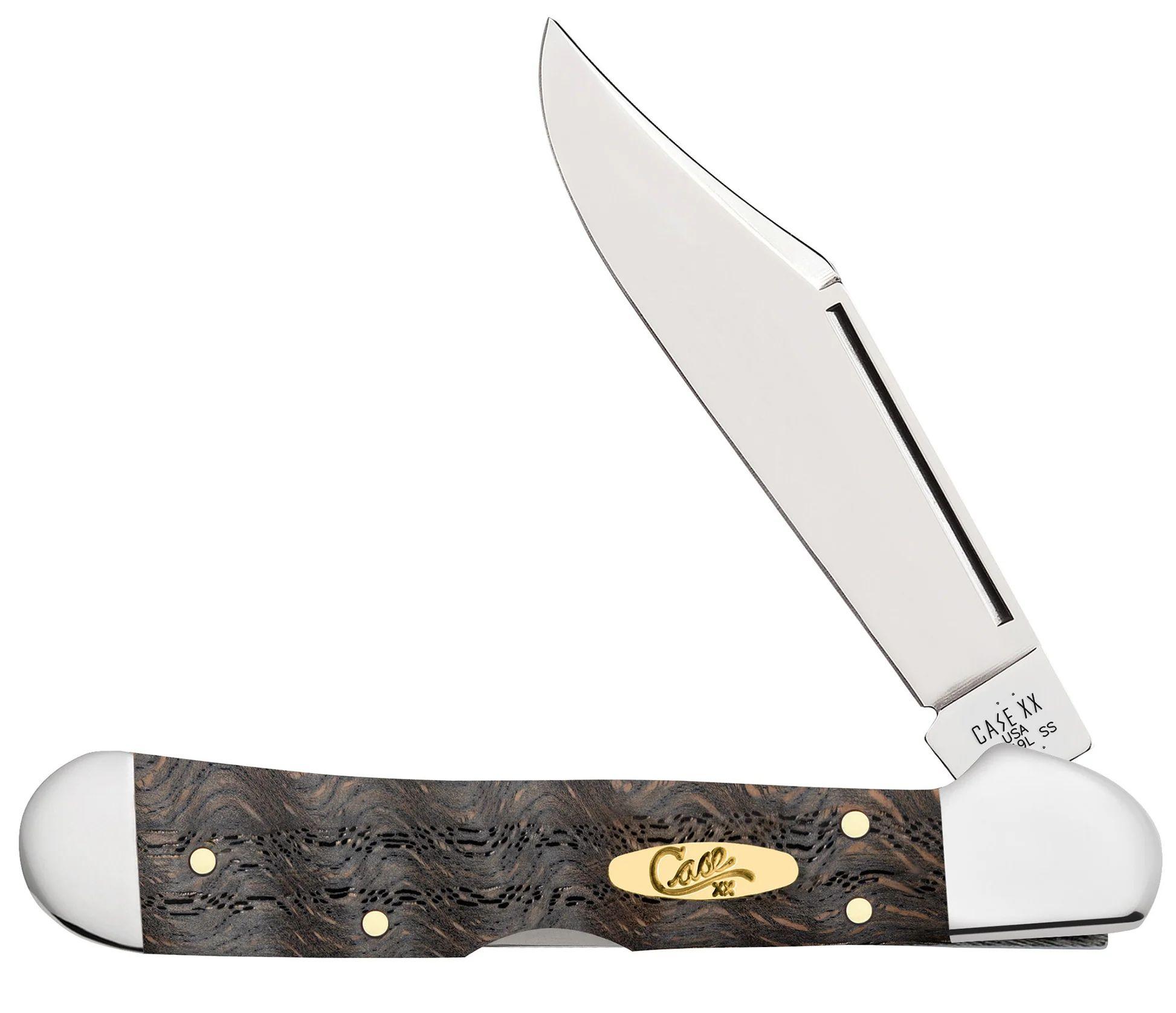 Case Mini Copperlock Smooth Black Curly Oak Wood Lockback Folding Knife w/Plain Edge (14010)