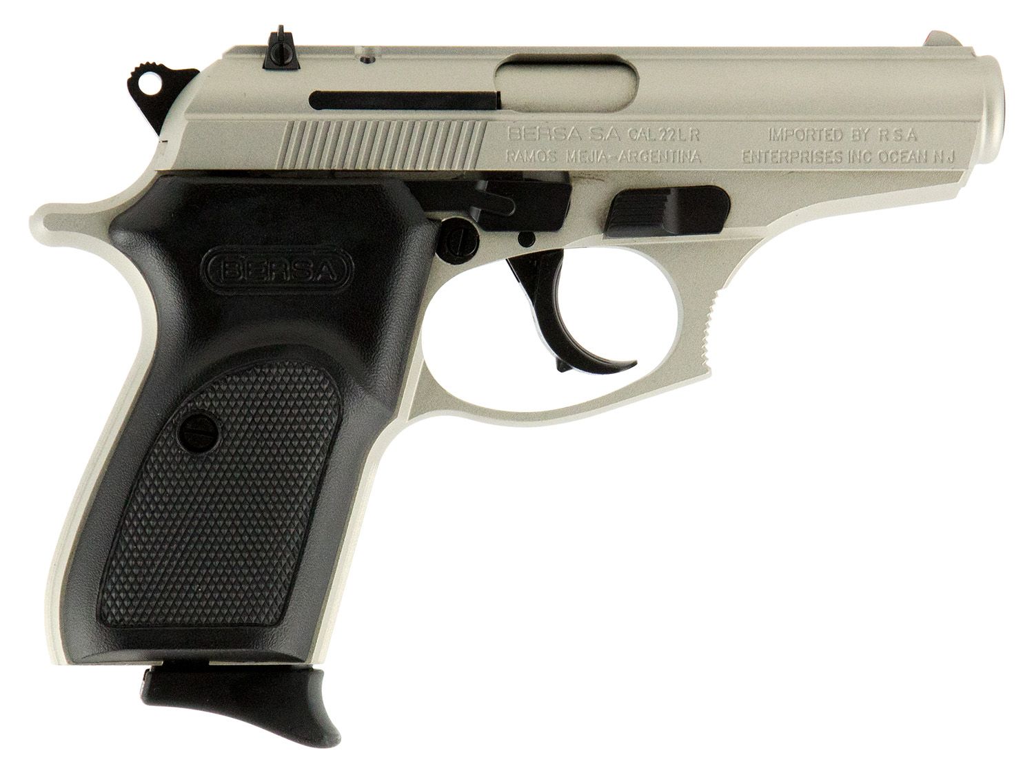 Bersa Thunder Pistol T22NKL, 22 LR, 3.50in, Nickel Cerakote Serrated Slide & Aluminum Frame w/Beavertail Black Textured Polymer Grips, Nickel Cerakote Finish, 10 Rds
