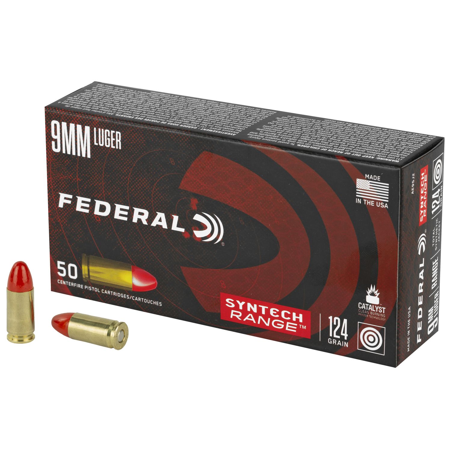 Federal American Eagle Syntech Pistol Ammunition AE9SJ2, 9mm Luger, Total Syntech Jacket, 124 GR, 1050 fps, 50 Rd/Bx