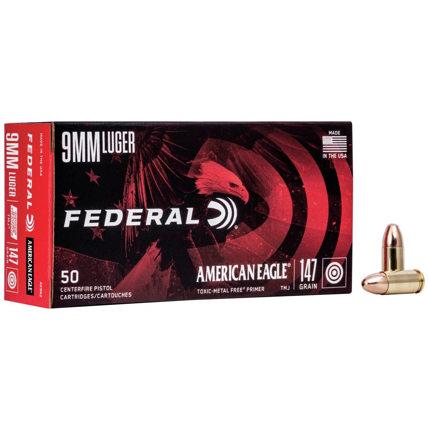 Federal American Eagle Pistol Ammunition AE9N2, 9mm, Total Metal Jacket (TMJ), 147 GR, 960 fps, 50 Rd/bx