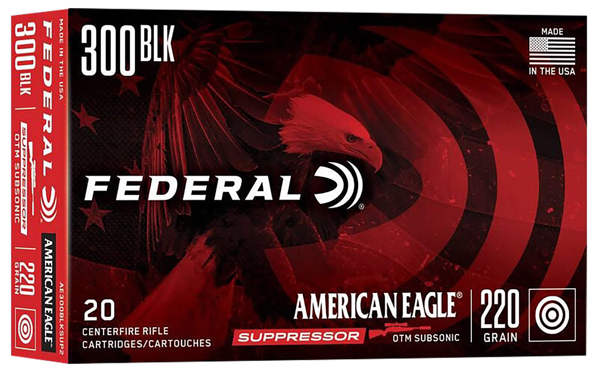 Federal American Eagle Subsonic Rifle Ammo AE300BLKSUP2, 300 AAC Blackout, Open Tip Match, 220 GR, 1000 fps, 20 Rd/bx