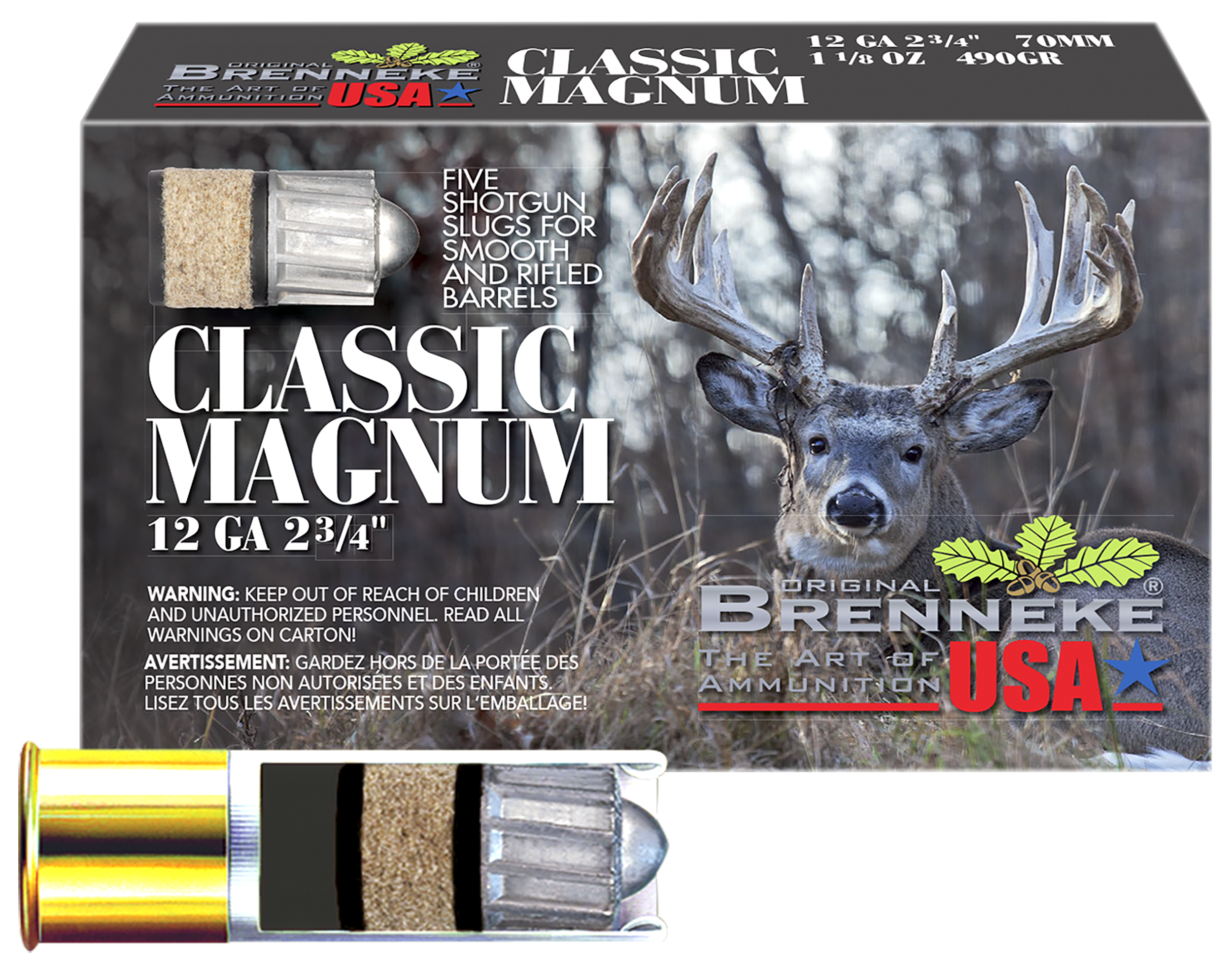 Brenneke Slugs Classic Magnum Hunting SL122CLM, 12 Gauge, 2-3/4", 1 1/8 oz, 1510  fps, Slug Shot, 5 Rd/bx