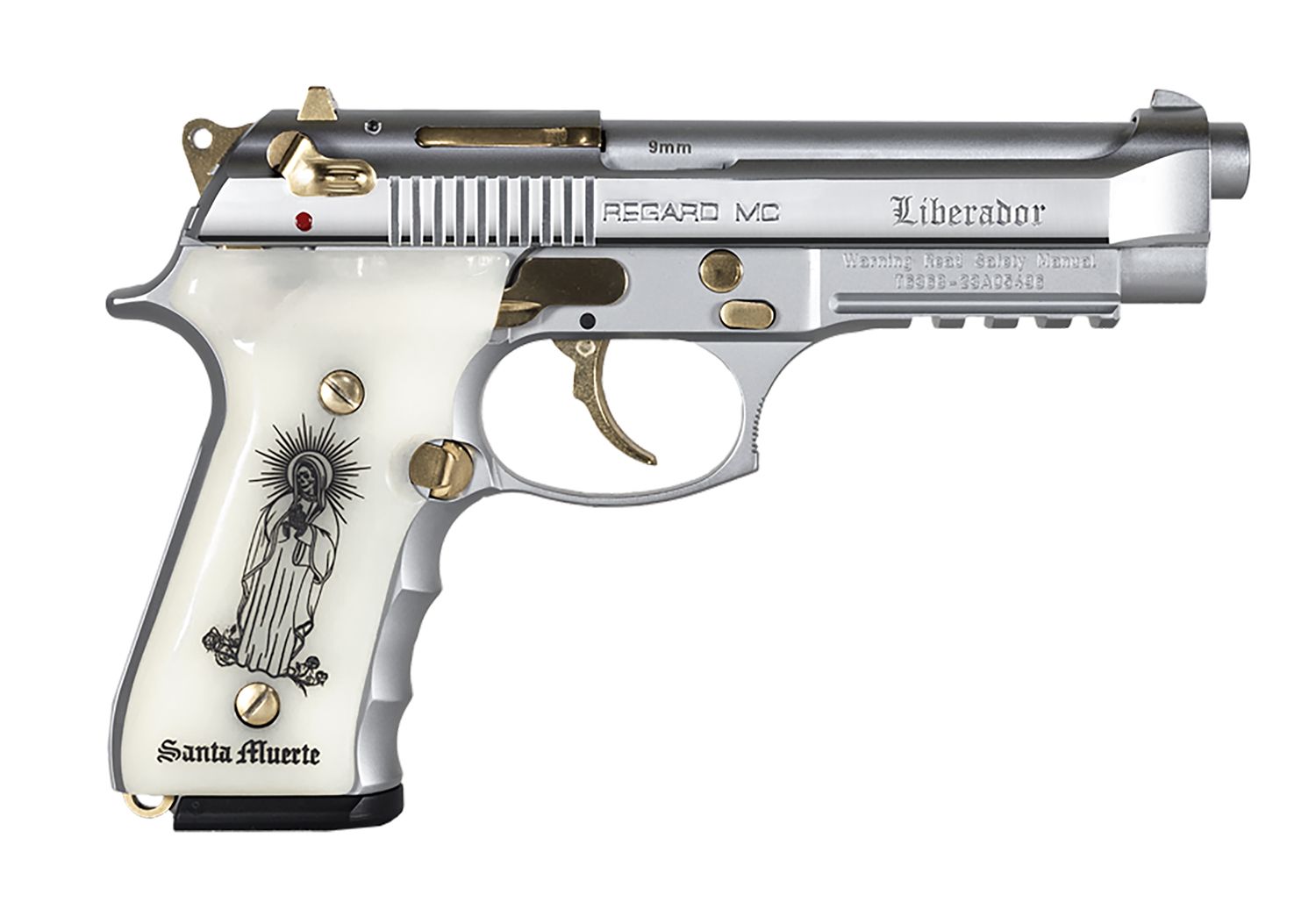EAA Regard MC Liberador Pistol 391088, 9mm Luger, 4.90in, Pearl Engraved w/Santa Muerte, Chrome w/Gold Accents Finish, 18 Rds
