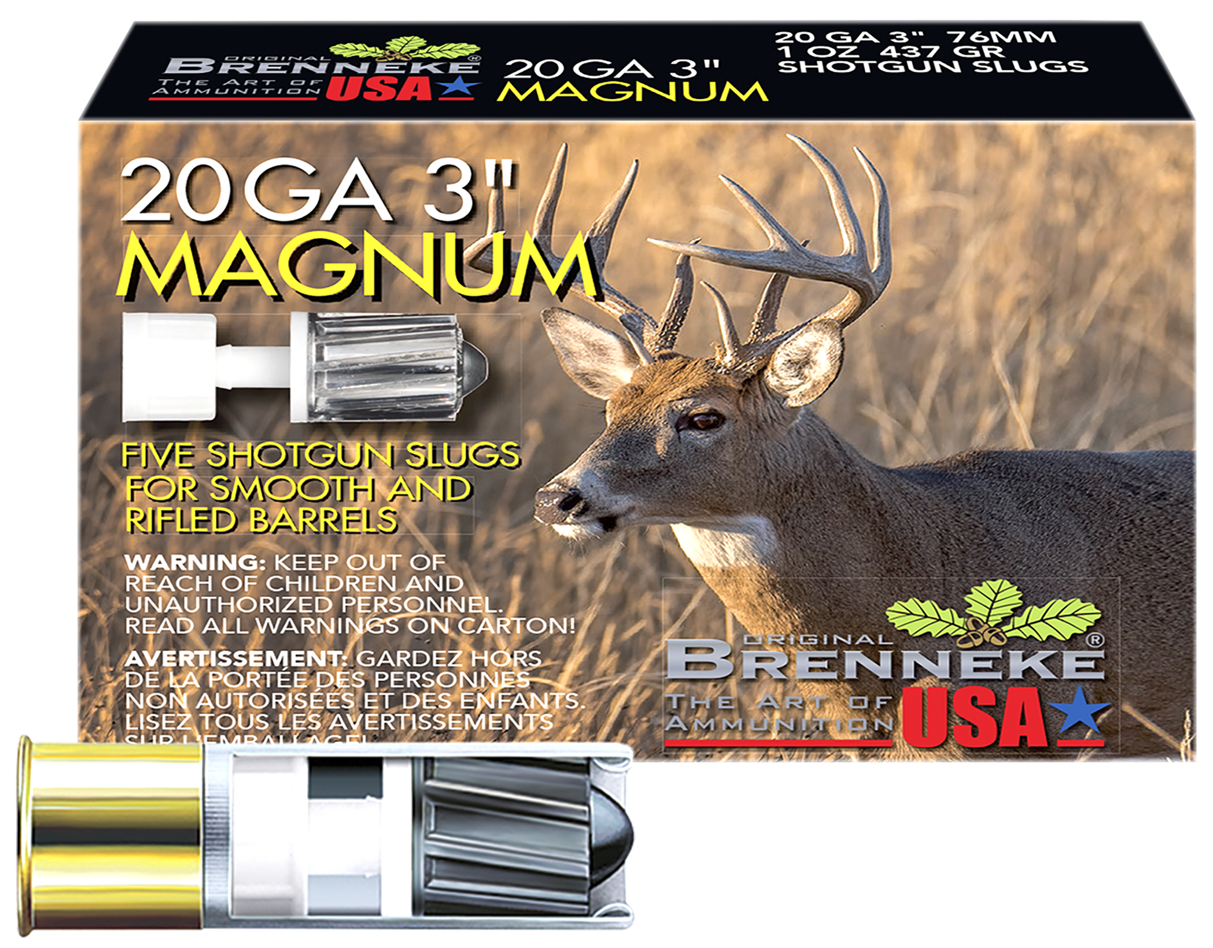 Brenneke Slugs SL203M, 2115611, 20 Gauge, 3 in, 1 oz, 1476 fps, Slug Lead Shot , 5 Rd/bx