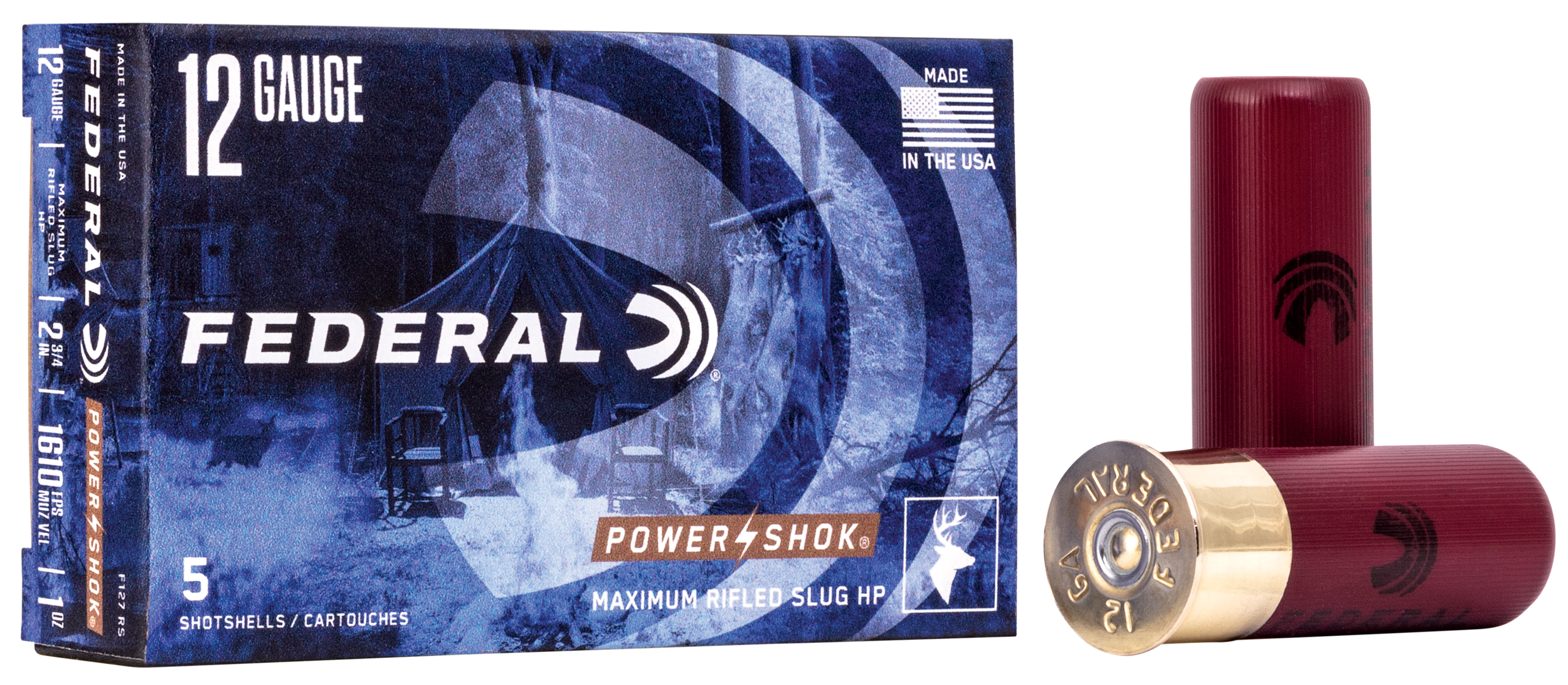 Federal Premium Power Shok F127RS, 12 Gauge, 2-3/4", 1 oz, 1610 fps, Lead Rifle Slug, 5 Rd/bx