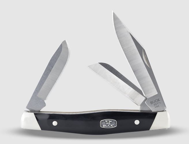 Buck Knives 0301BKS1-B, 301 Stockman® Knife, clip point, sheepsfoot, and spey blades, Black acetal copolymer with medallion and nickel silver bolsters