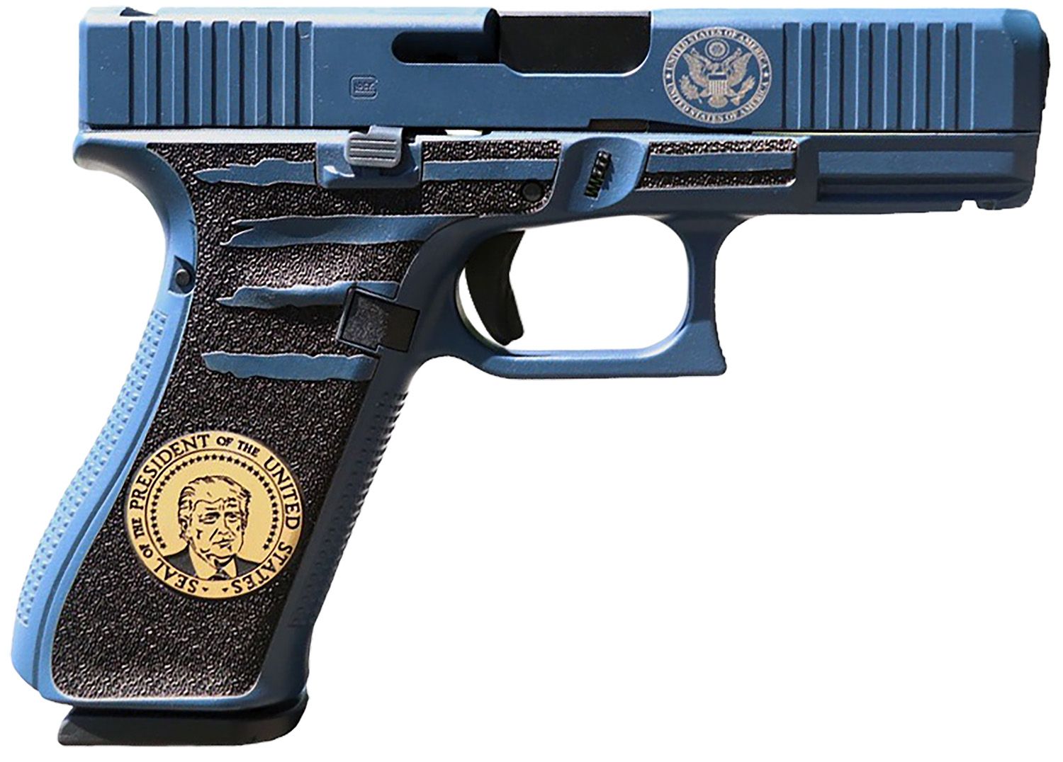 Glock G45 Gen 5 Trump Pistol PA455S204PRESBLU, 9mm Luger, 4.02in, Black/Gold Trump, Presidential Blue Finish, 17 Rds