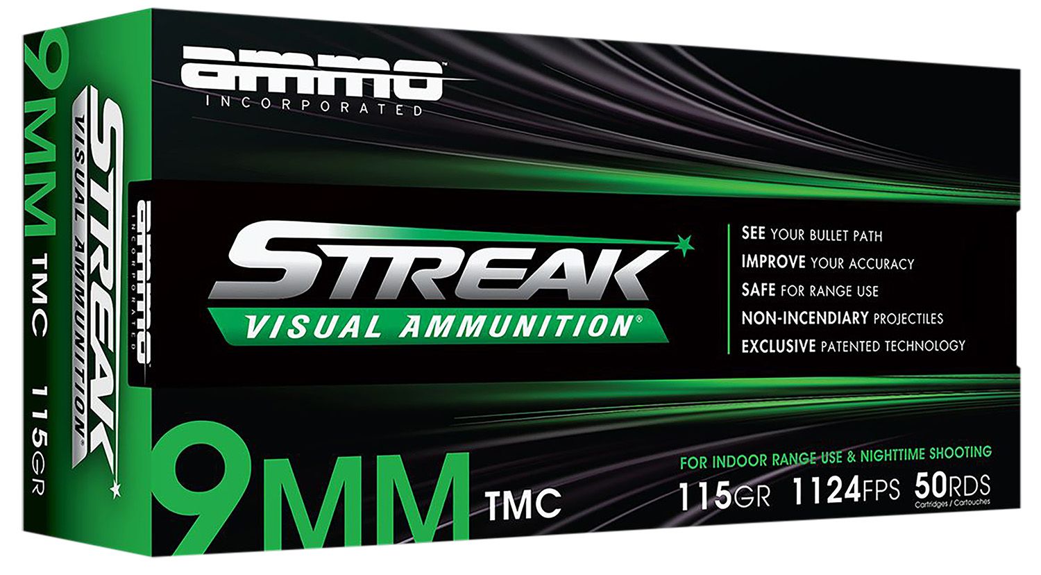 Ammo Inc Streak Visual (GREEN) Self Defense Pistol Ammunition 9115TMCSTRKGRN50, 9mm Luger, Total Metal Case, 115  GR, 1124  fps, 50 Rd/bx