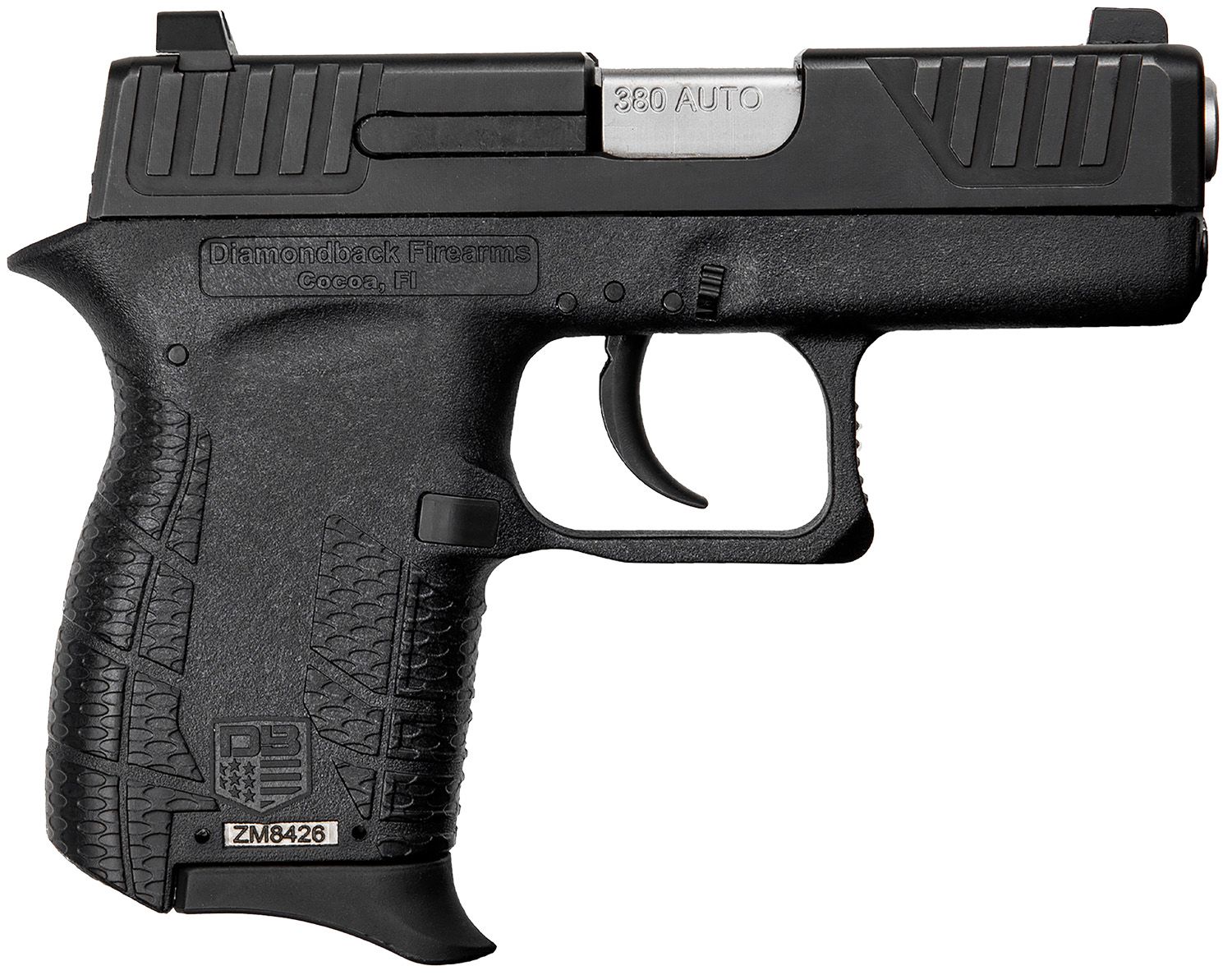 Diamondback DB380 Gen4 Pistol DB0100E002, 380 ACP, 2.80in, Black Polymer Frame w/Beavertail & Grips, Black Finish, 6 Rds