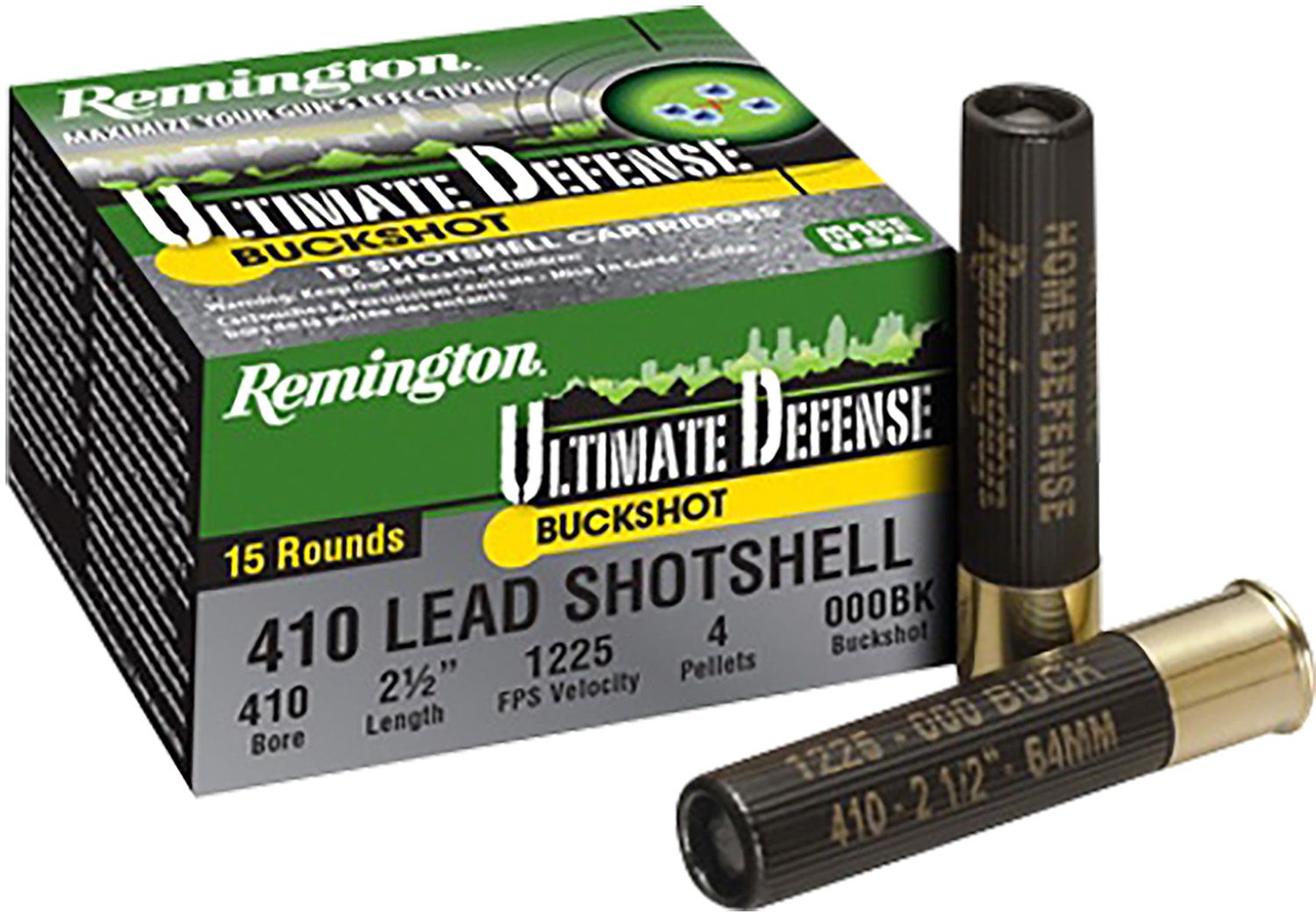 Remington Ammo Ultimate Defense Buckshot 20697, 410 Gauge, 2.50", 4 Pellets, 1225  fps, 000 Buck Shot, 15 Rd/bx
