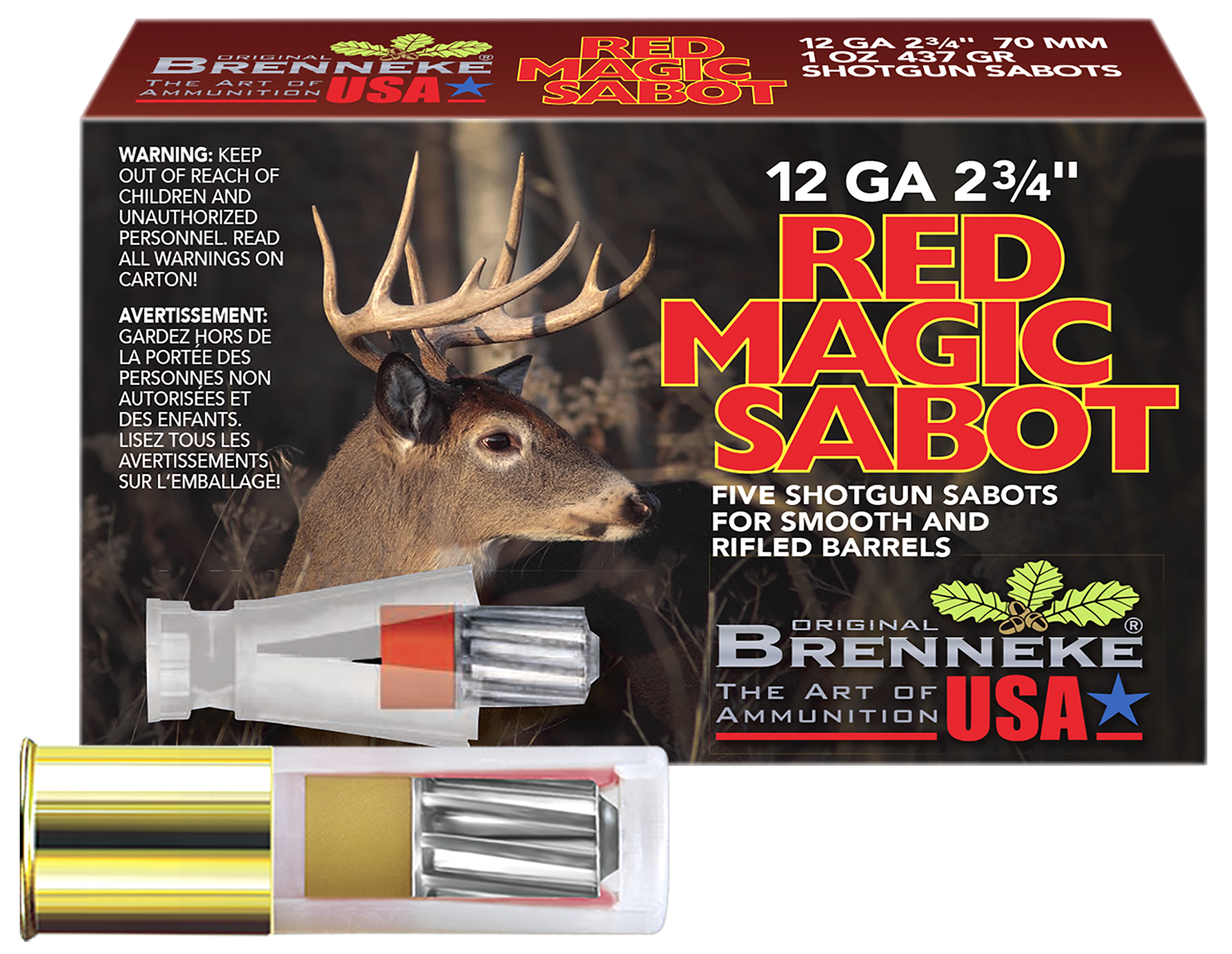 Brenneke Red Magic Shotshells SL122RMS, 12 Gauge, 2-3/4", 1 oz, 1584 fps, Sabot Slug, 5 Rds/box