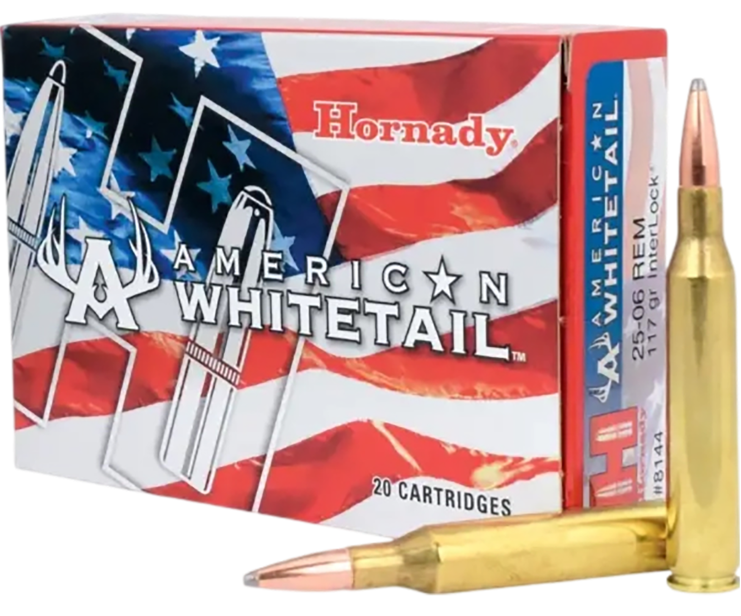 Hornady American Whitetail Rifle Ammunition 8144, 25-06 Remington, Soft Point (SP), 117 GR, 2748 fps, 20 Rd/bx