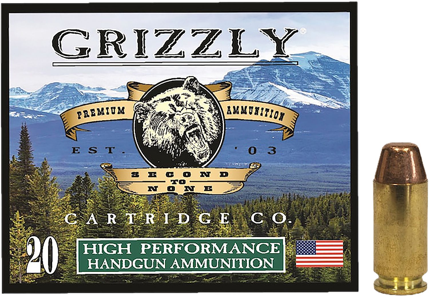 Grizzly Ammunition High Performance Pistol Ammunition GC40SW5, 40 S&W, Full Metal Jacket Flat Point, 200  GR, 1000  fps, 20 Rd/bx