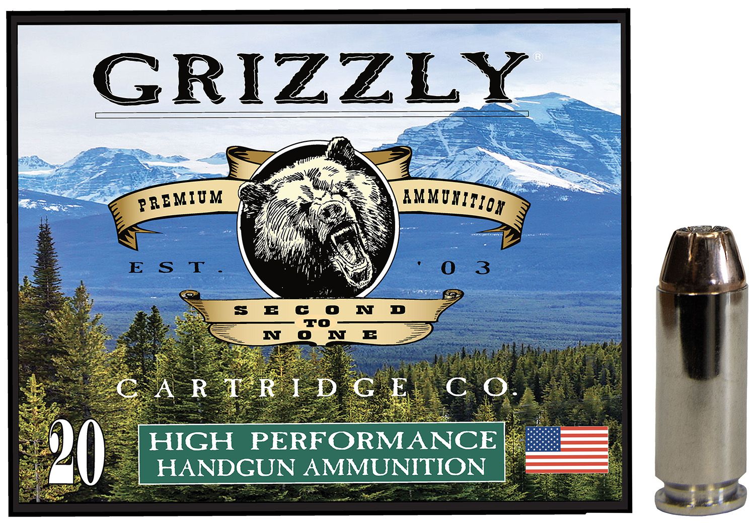Grizzly Ammunition High Performance Pistol Ammunition GC10M4, 10mm Auto, Jacketed Hollow Point (JHP), 180 GR, 1350 fps, 20 Rd/bx