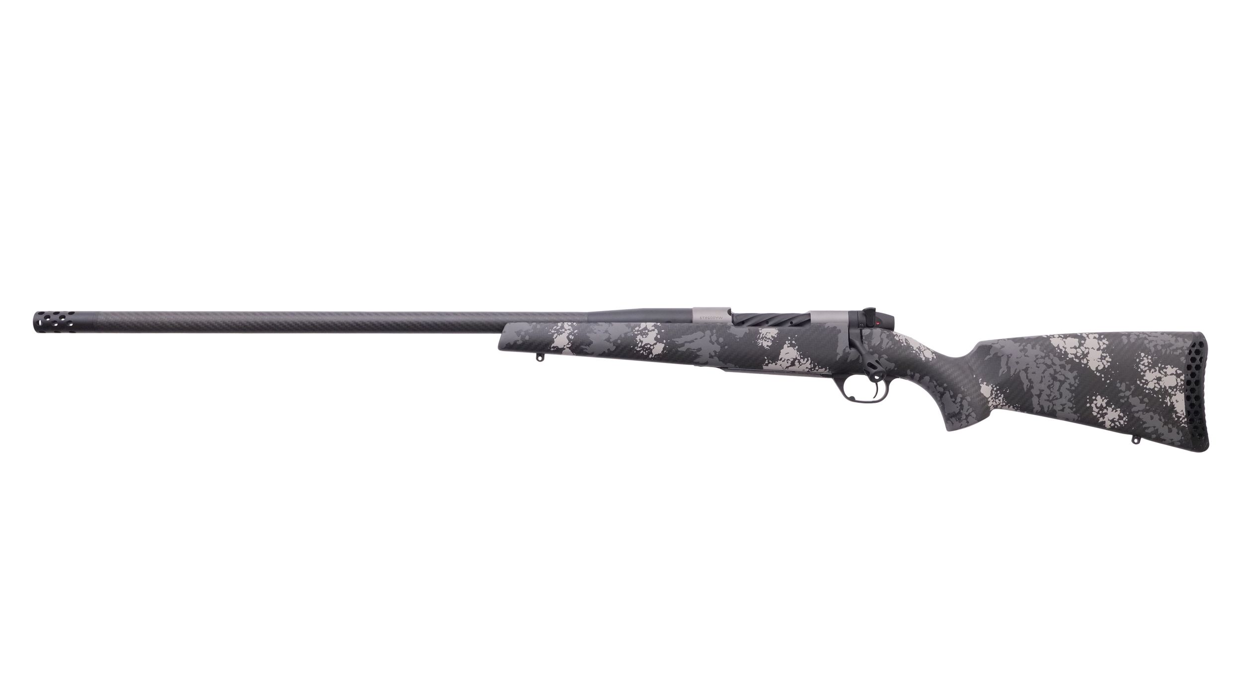 Weatherby Mark V Backcountry Ti Carbon Rifle MCT20N338WL2B, 338 Weatherby RPM, 20", Carbon Fiber W/grey & White Stock, 4 Rds