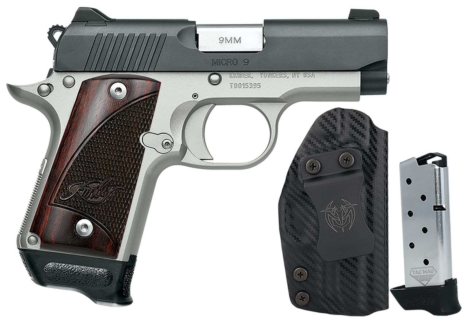 Kimber Micro 9 Two-Tone RTC-K Bundle Pistol 3300256, 9mm Luger, 3.15in, Rosewood, Satin Silver Finish, 7 Rds