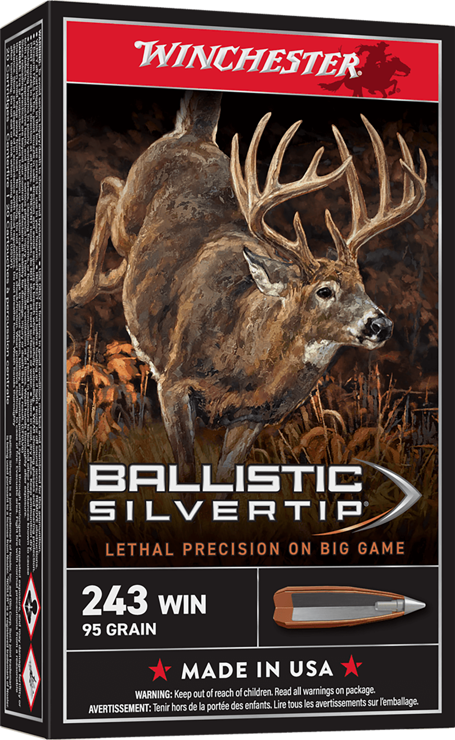 Winchester Supreme Rifle Ammunition SBST243A, 243 Winchester, Ballistic Silvertip, 95 GR, 3100 fps, 20 Rd/bx