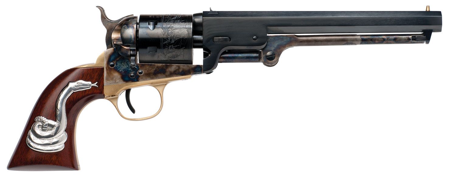 Cimarron Hollywood Series Man With No Name Conversion Revolver CA9081SS101, 38 Special, 7.50in, Walnut w/Sterling Silver Rattlesnake, Steel Frame Finish, 6 Rds