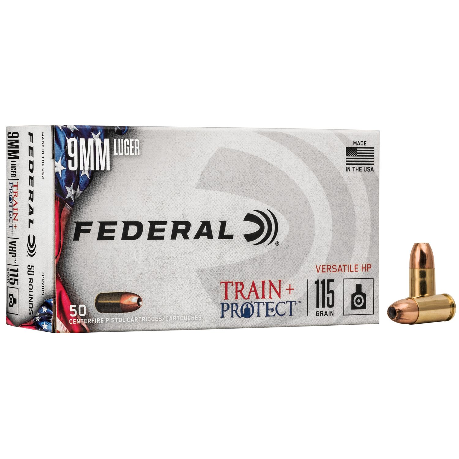 Federal Train & Protect Pistol Ammunition TP9VHP1, 9mm, Verstile Hollow Point (VHP), 115 GR, 1180 fps, 50 Rd/Bx